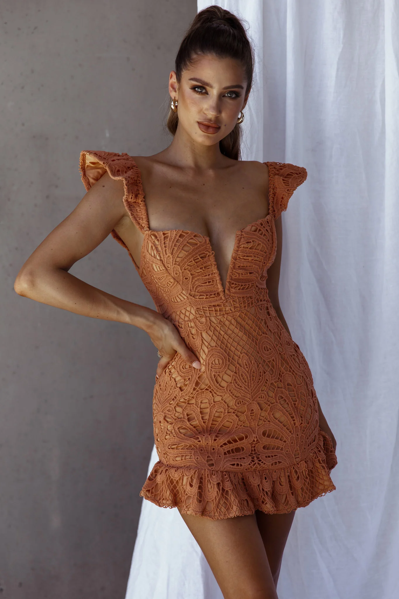 Mon Papillon Lace Mini Dress Apricot - Image 5