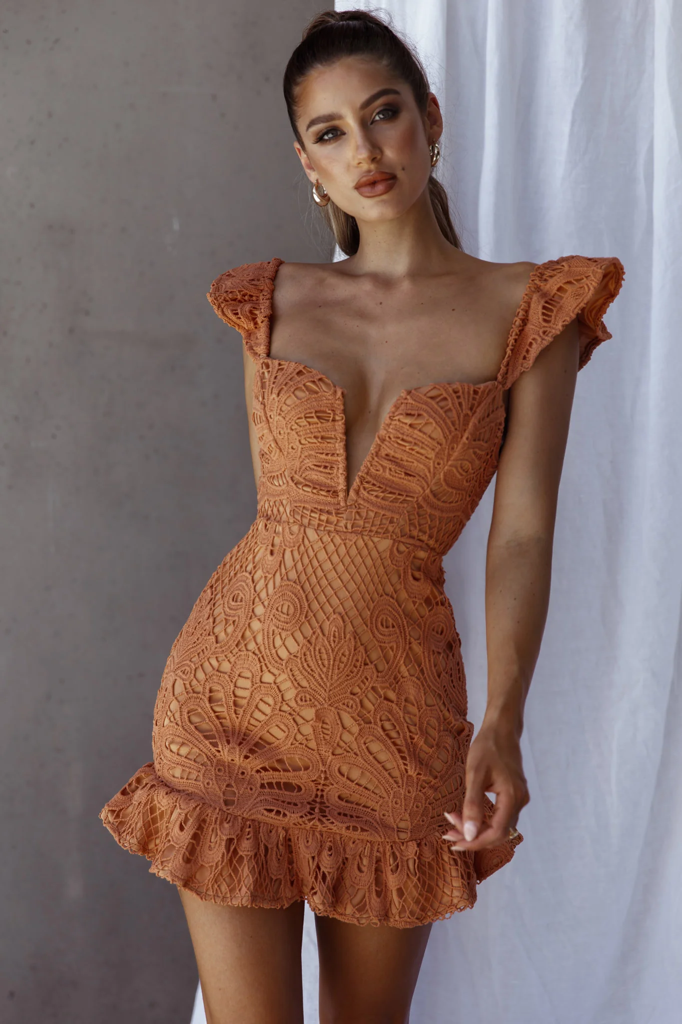 Mon Papillon Lace Mini Dress Apricot - Image 6