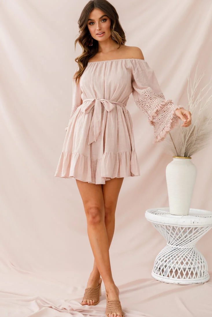 Mona Off-Shoulder Embellished Sleeve Dress Mocha - Image 2
