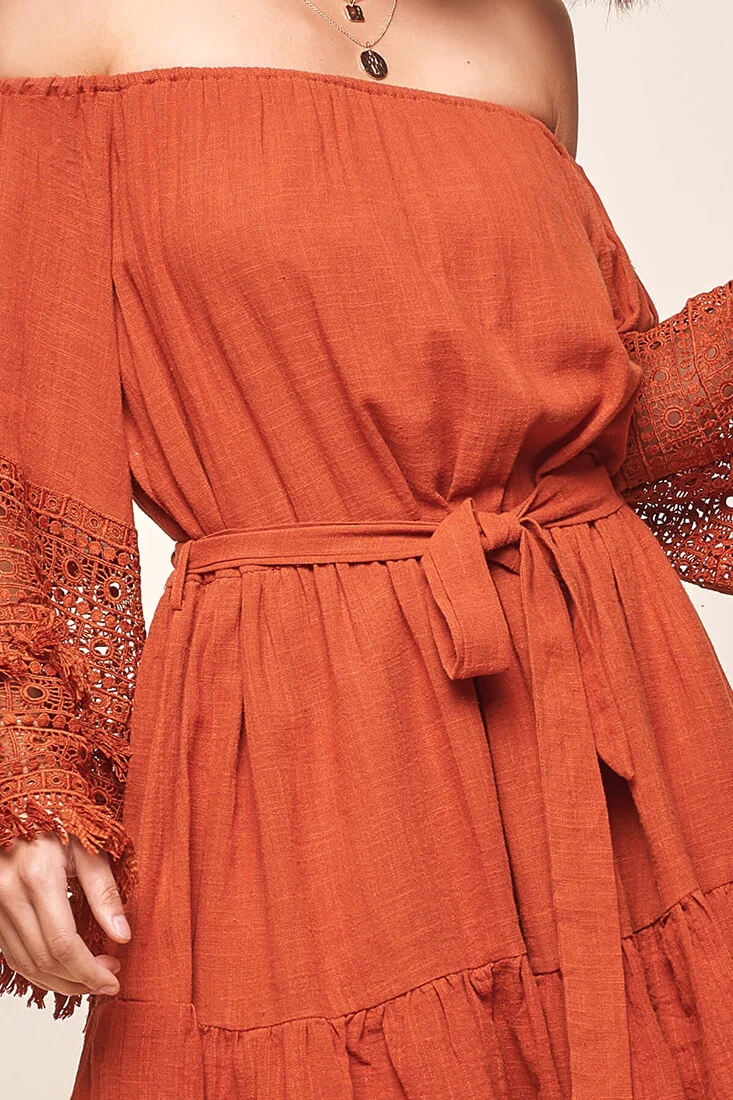 Mona Off-Shoulder Embellished Sleeve Dress Rust - Image 5