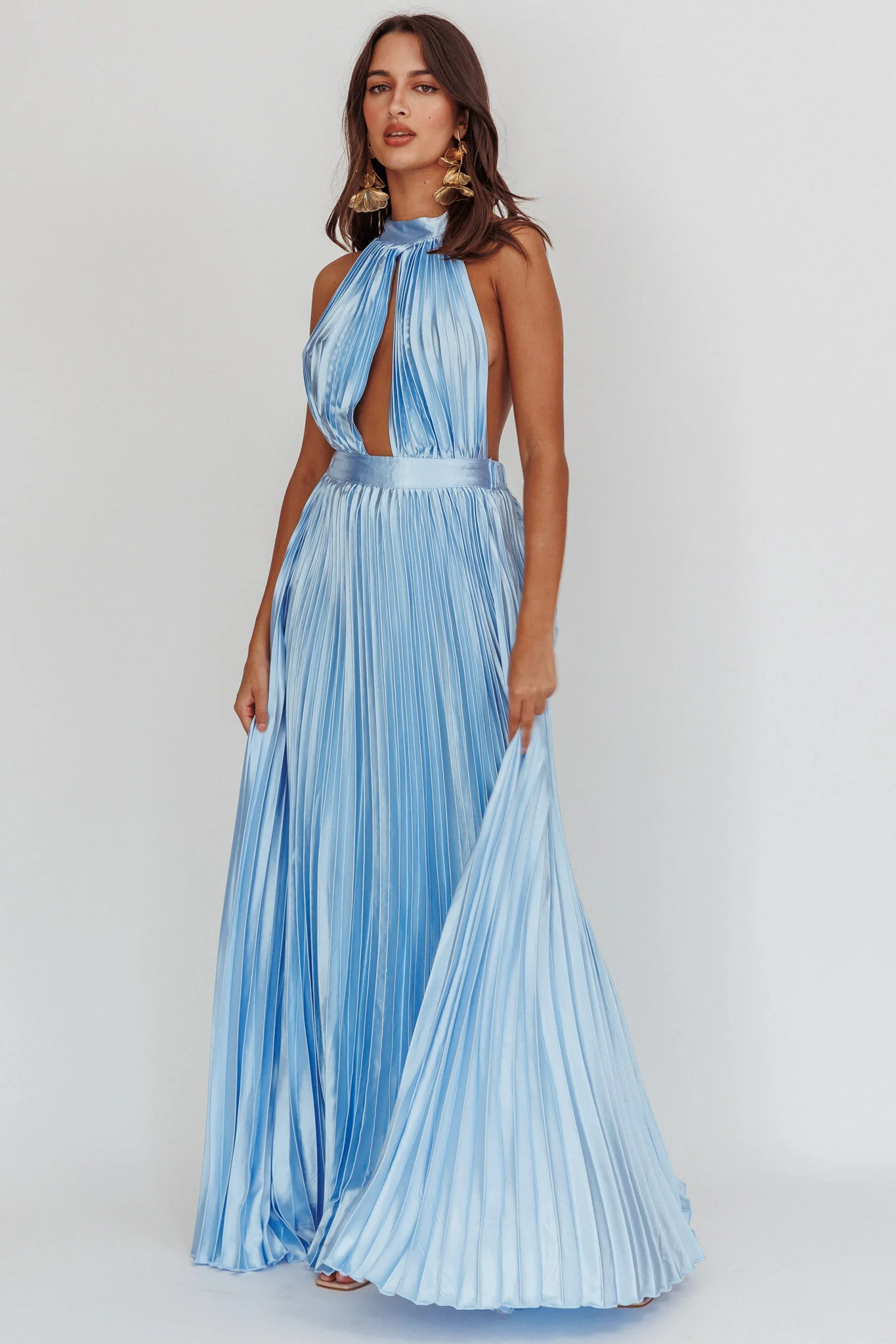 Monarch Pleated Satin Maxi Dress Light Blue - Image 3