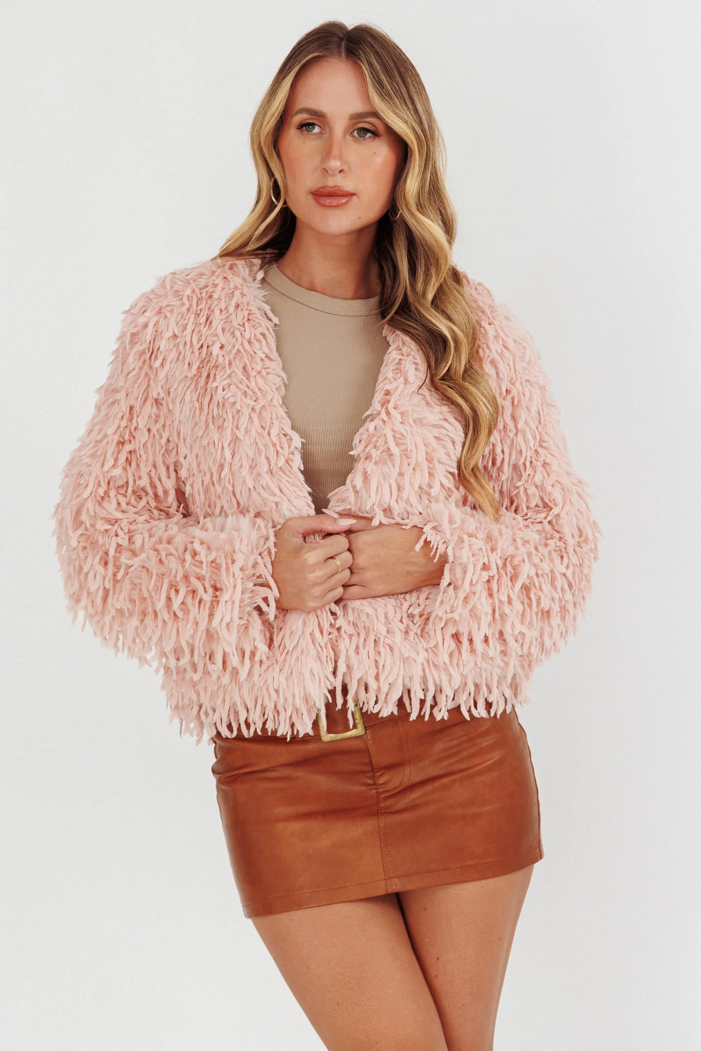 Montana Long Pile Faux Fur Jacket Blush - Image 5
