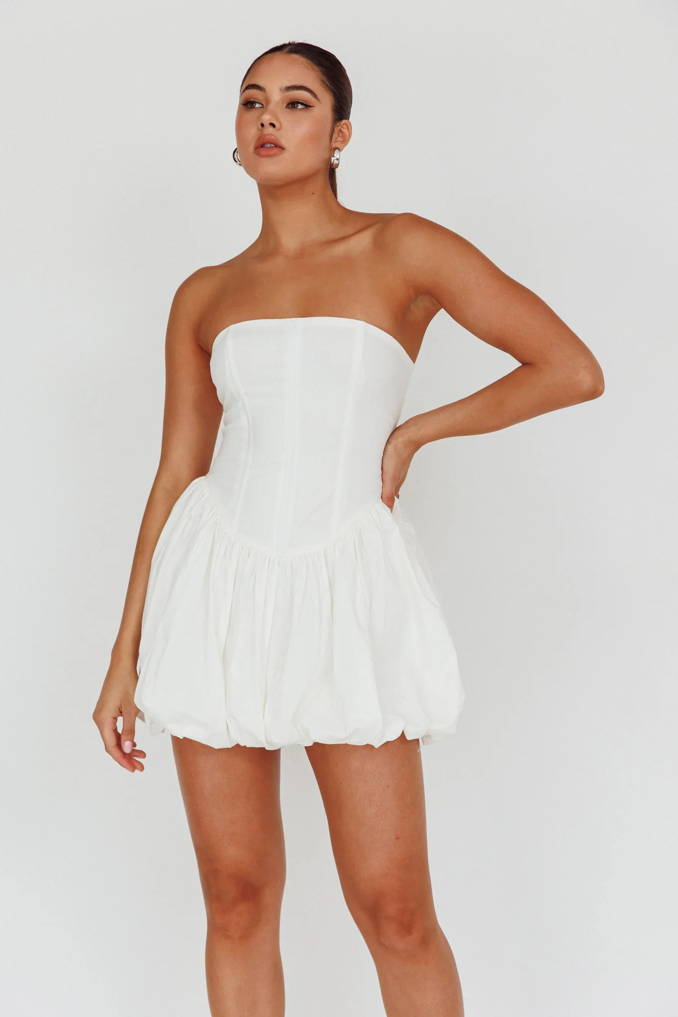 Monti Strapless Bubble Hem Mini Dress White - Image 6