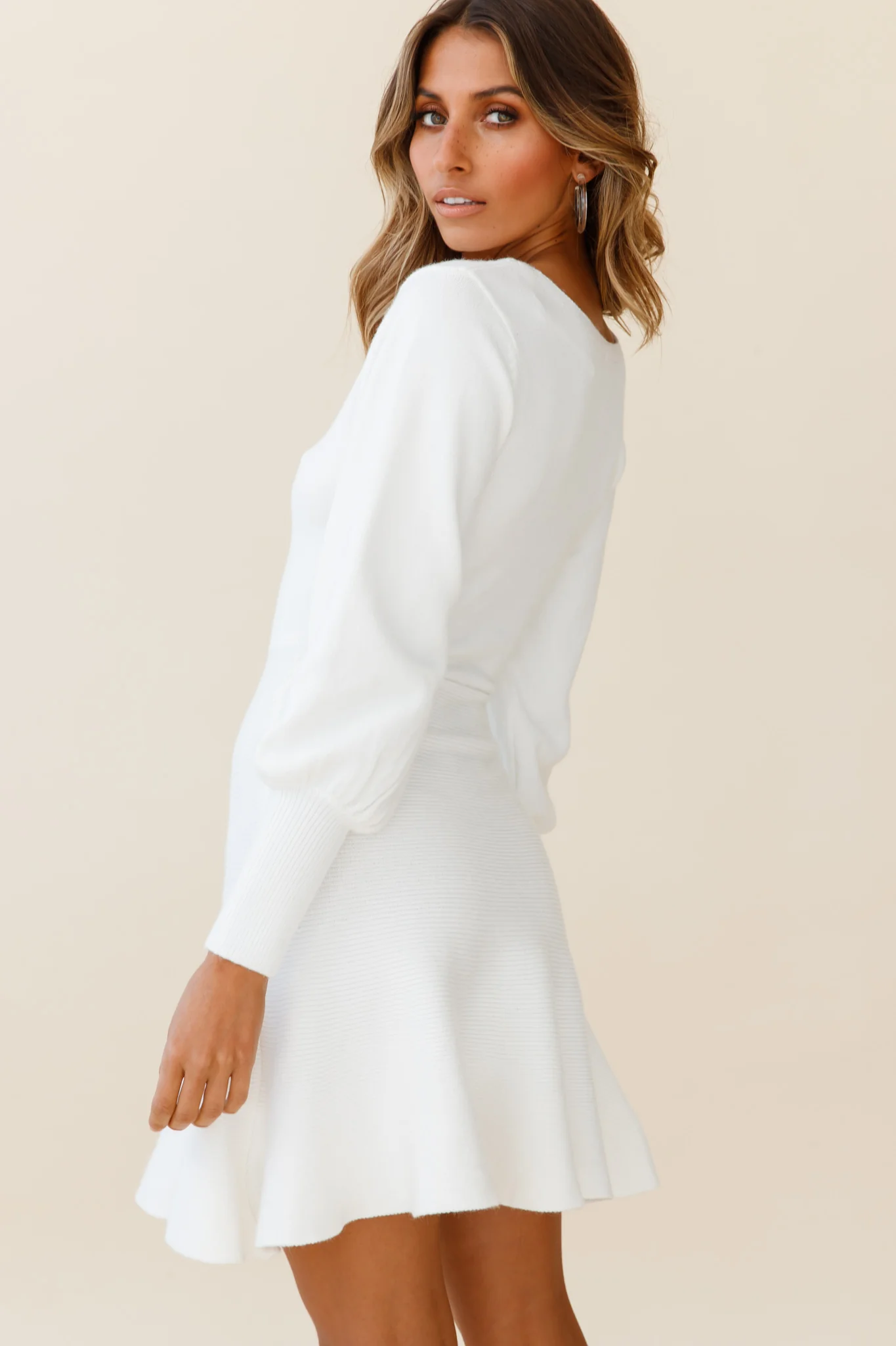Montmarte Lantern Sleeve Fluted Hem Dress White - Image 4