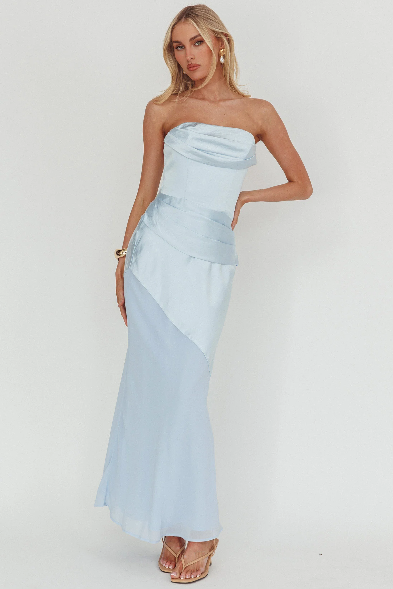 Moon Aura Pleat Detail Strapless Maxi Dress Blue - Image 5