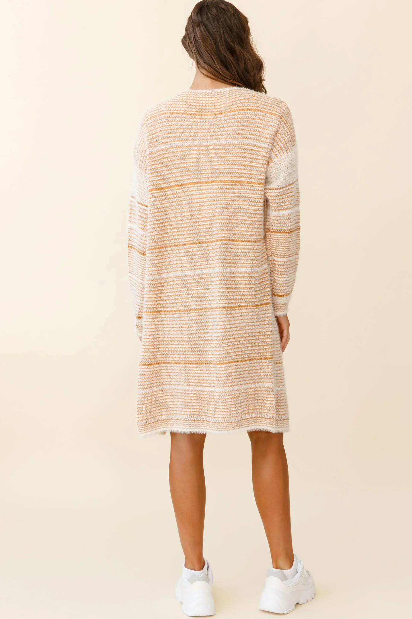 Moon Shine Fuzzy Knit Long Cardigan Striped Beige - Image 3