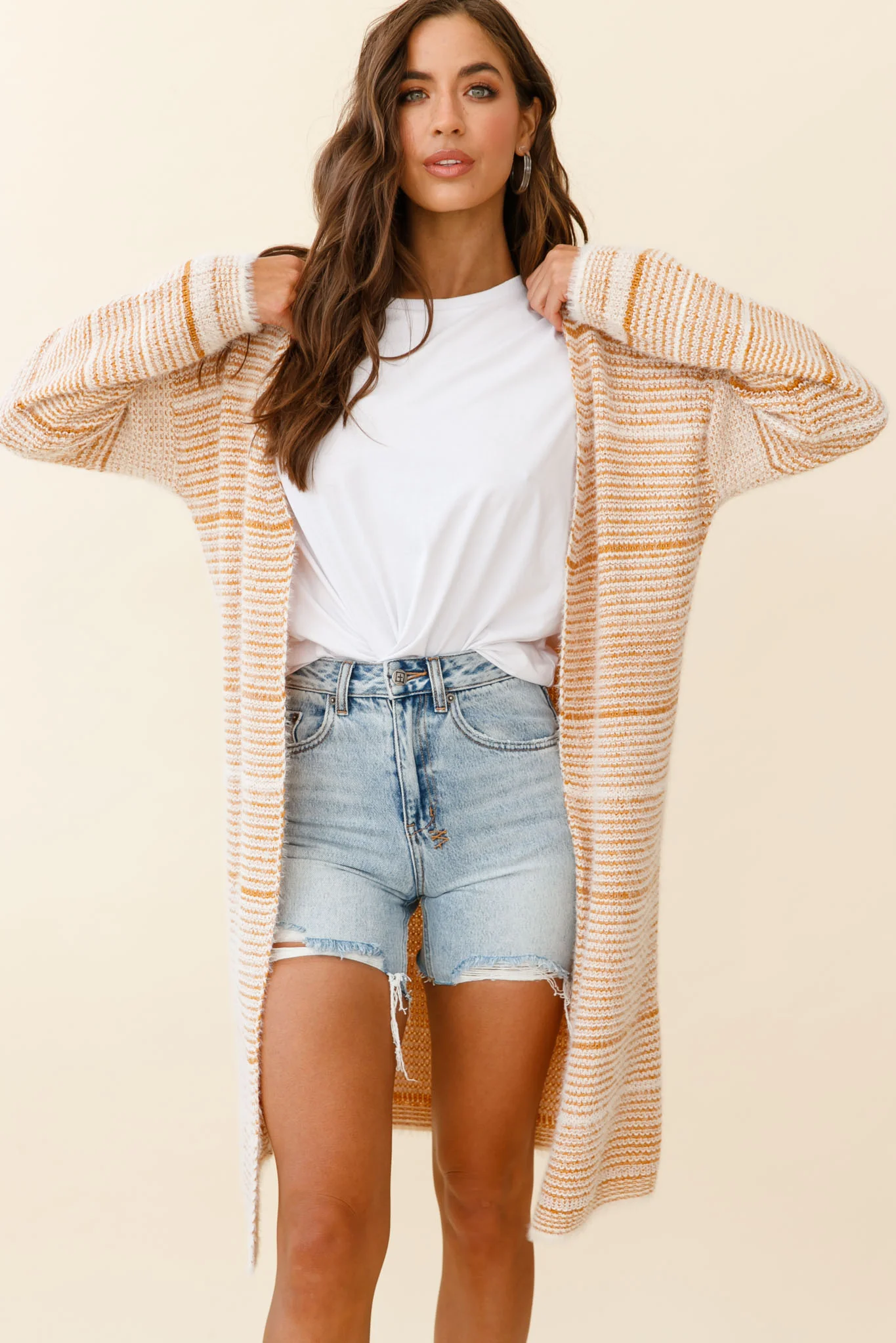 Moon Shine Fuzzy Knit Long Cardigan Striped Beige - Image 4