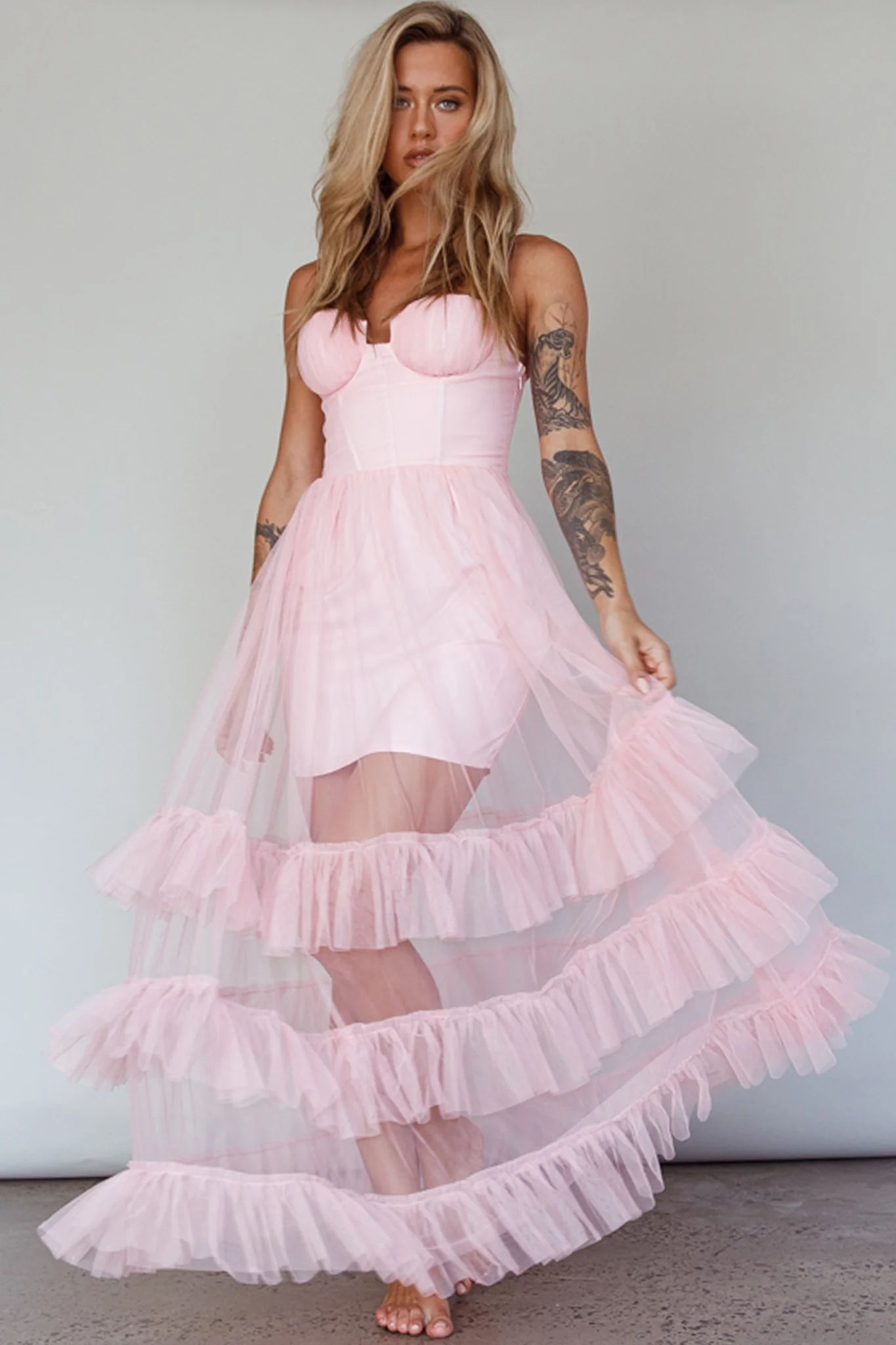 Moonlight Sonata Ruffle Mesh Maxi Dress Cameo Pink - Image 3