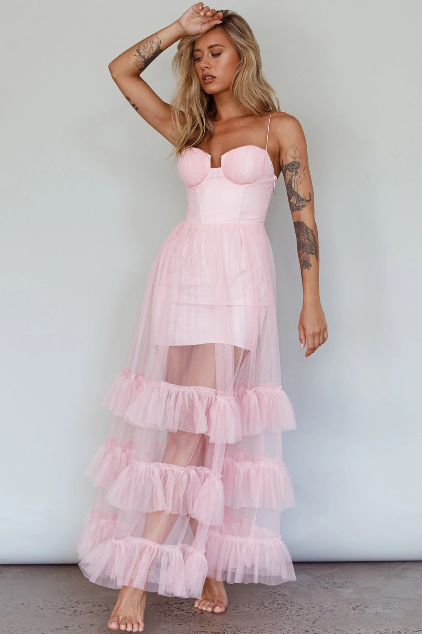 Moonlight Sonata Ruffle Mesh Maxi Dress Cameo Pink - Image 5