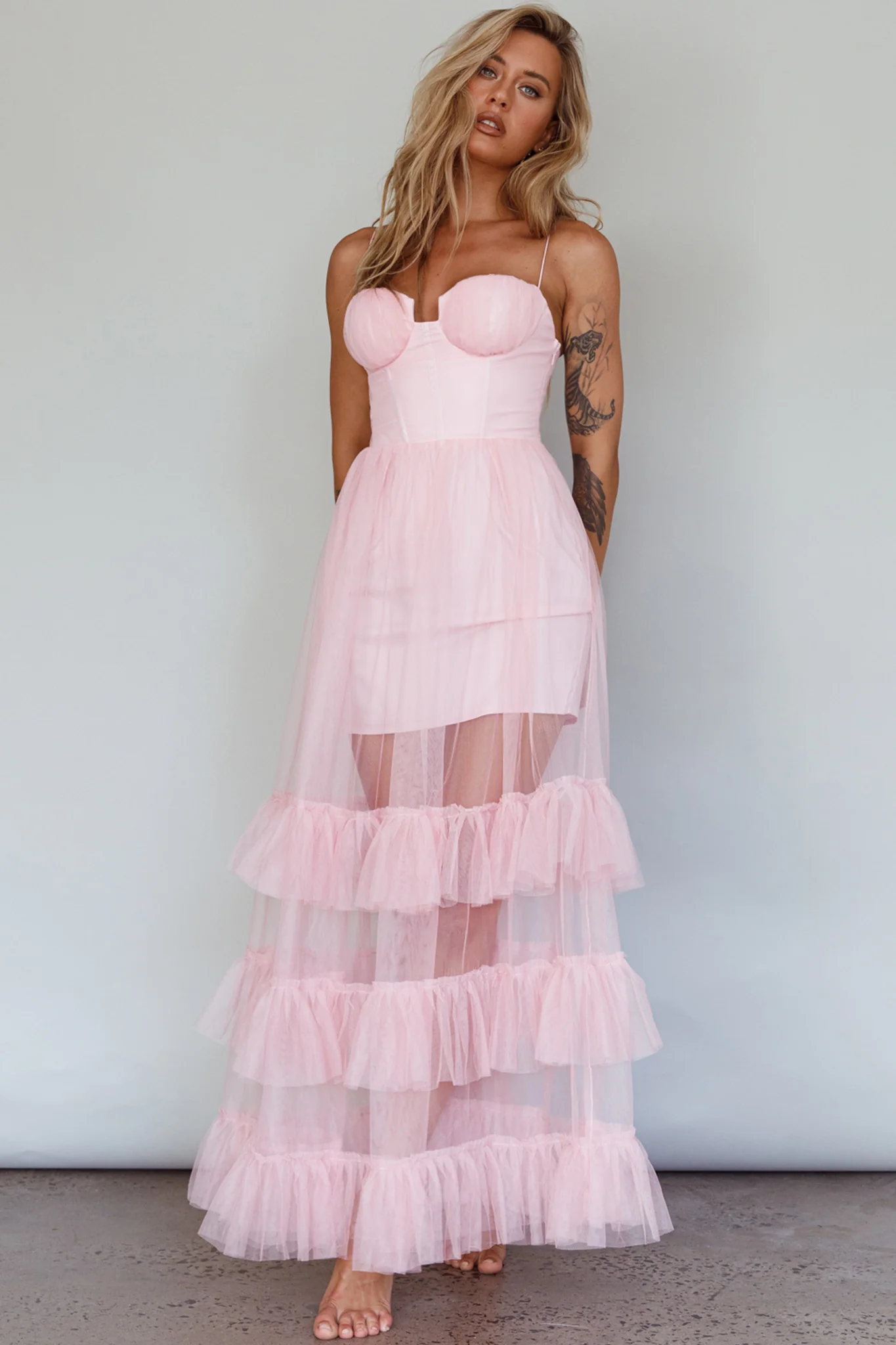 Moonlight Sonata Ruffle Mesh Maxi Dress Cameo Pink - Image 6