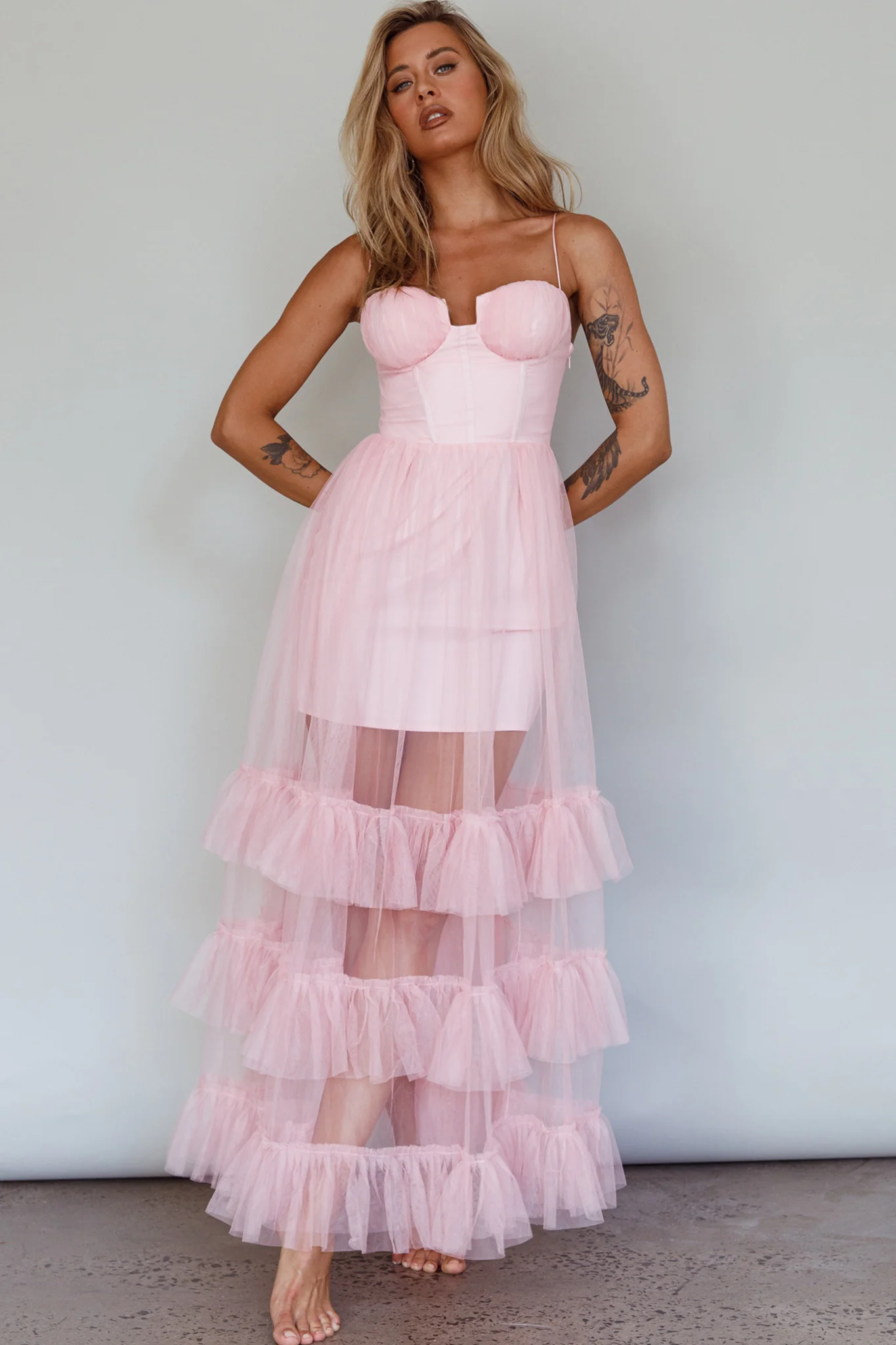 Moonlight Sonata Ruffle Mesh Maxi Dress Cameo Pink - Image 7