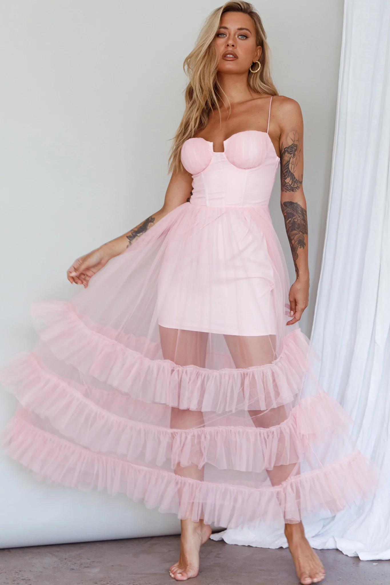 Moonlight Sonata Ruffle Mesh Maxi Dress Cameo Pink - Image 9