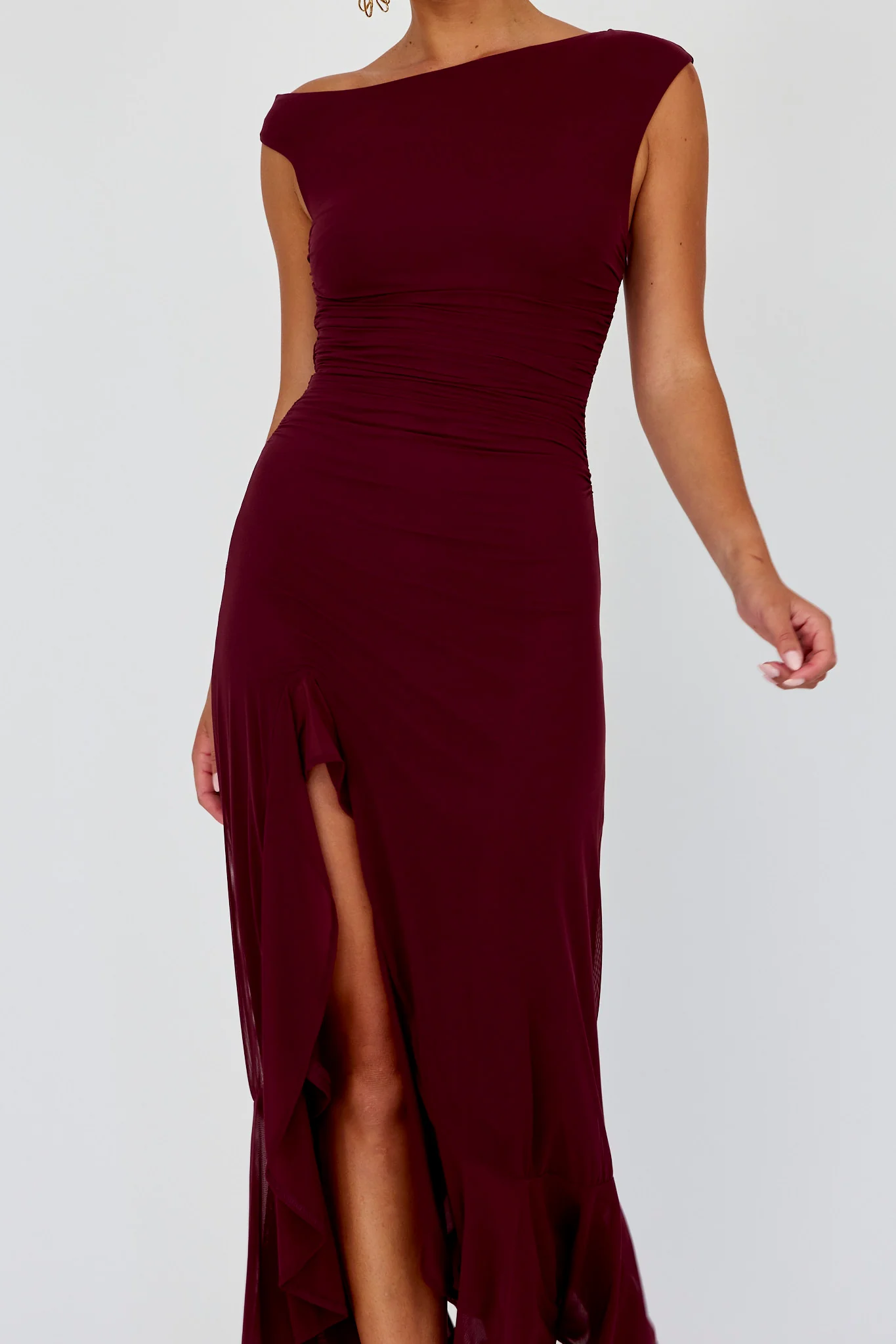 Moonlit Magic Asymmetric Neckline Maxi Dress Wine - Image 4