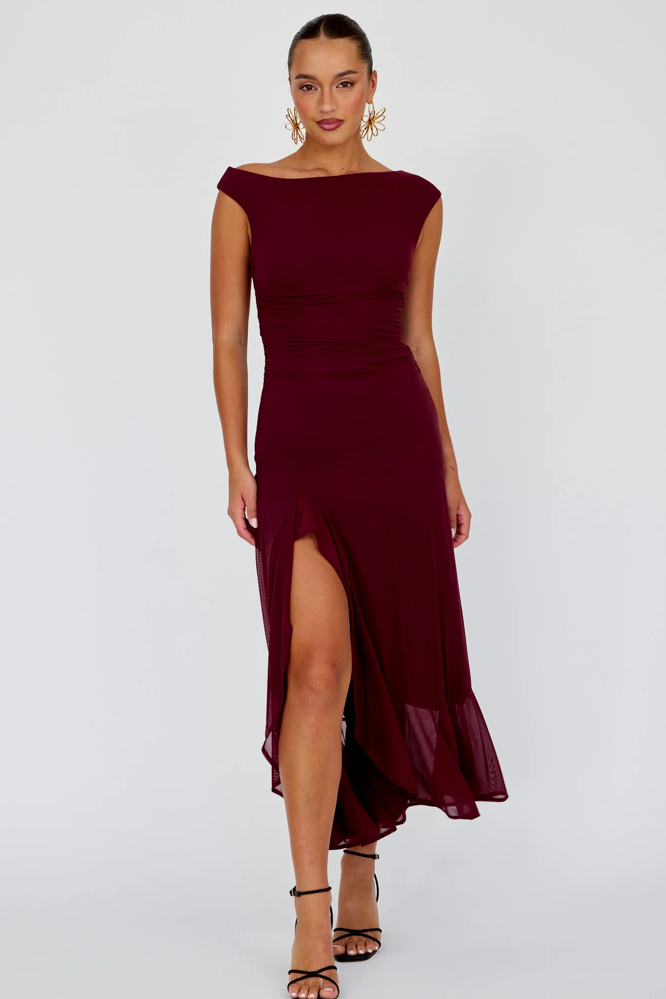 Moonlit Magic Asymmetric Neckline Maxi Dress Wine - Image 5