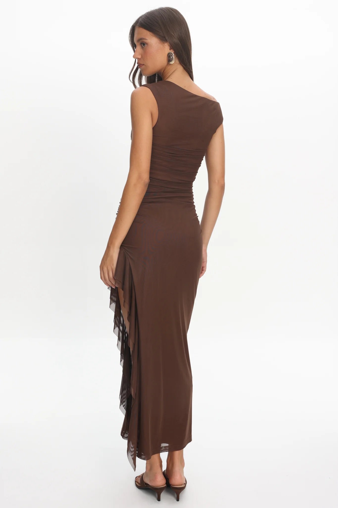 Moonlit Magic Asymmetric Neckline Slit Maxi Dress Chocolate - Image 3