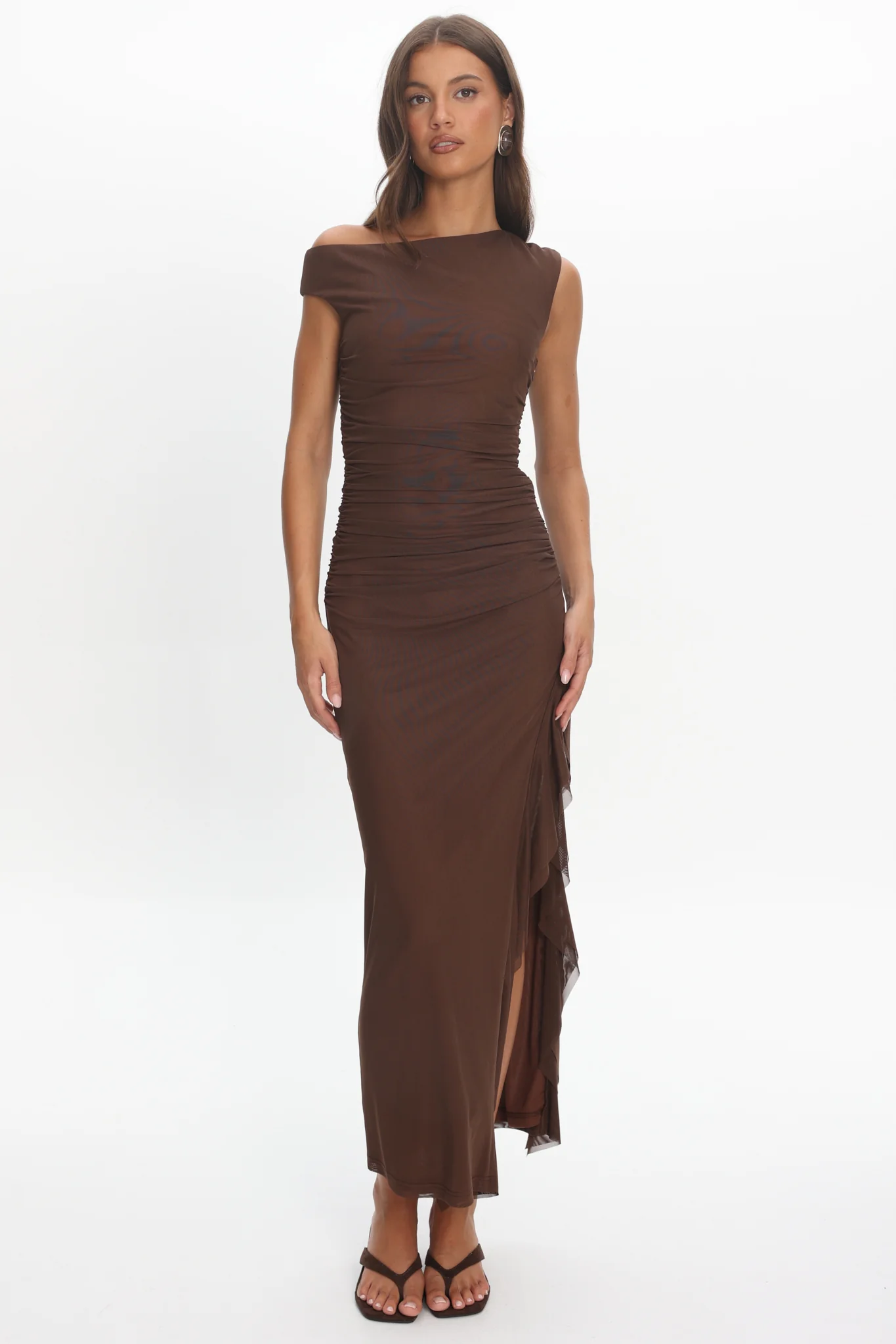 Moonlit Magic Asymmetric Neckline Slit Maxi Dress Chocolate - Image 5