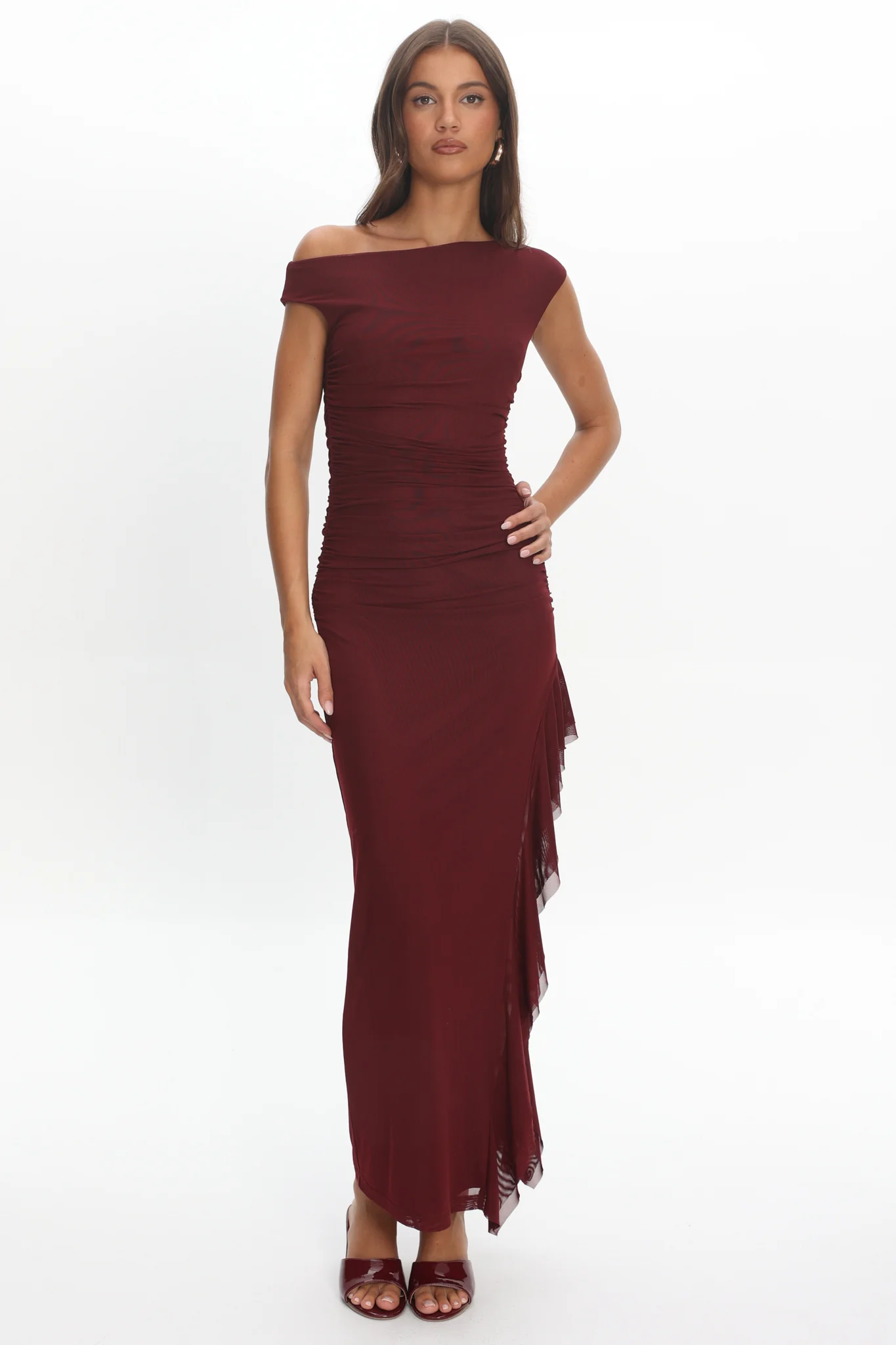 Moonlit Magic Asymmetric Neckline Slit Maxi Dress Wine - Image 5