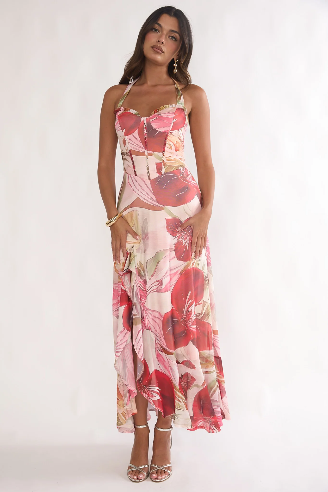 Moonlit Magic Halterneck Split Maxi Dress Floral Red - Image 2