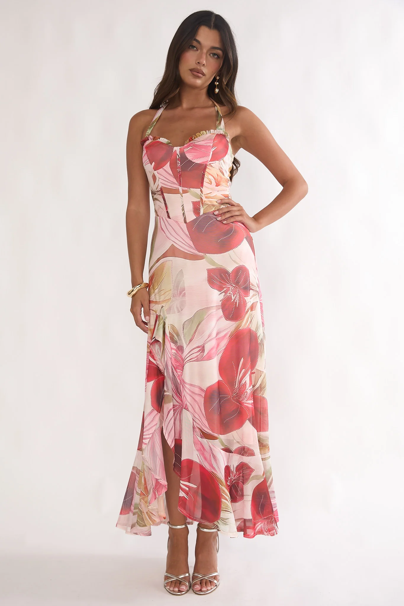 Moonlit Magic Halterneck Split Maxi Dress Floral Red - Image 5