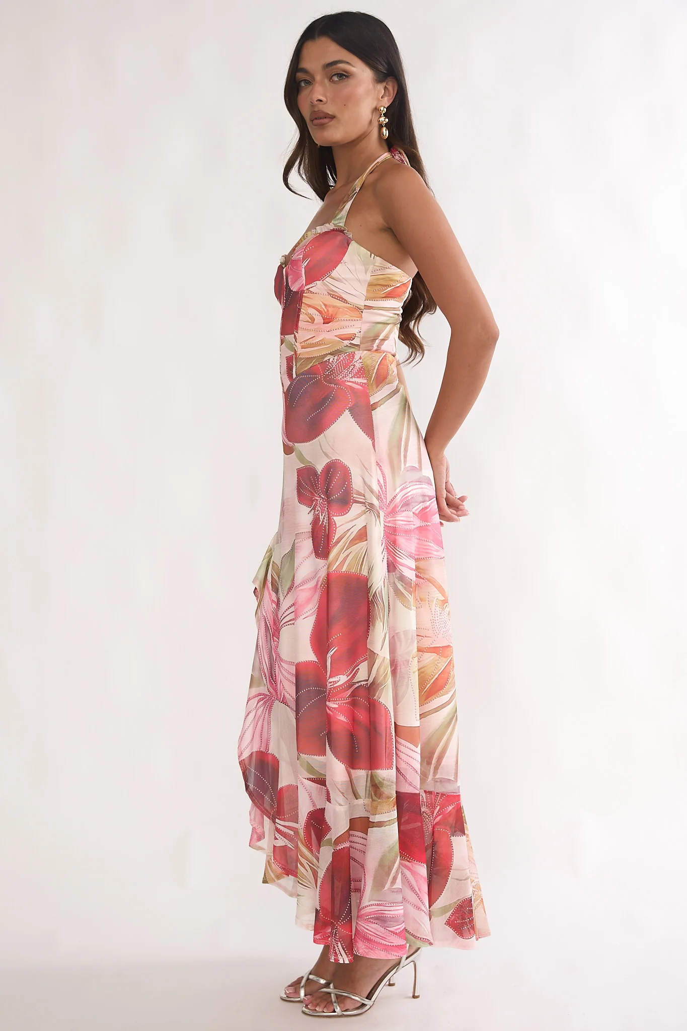 Moonlit Magic Halterneck Split Maxi Dress Floral Red - Image 6