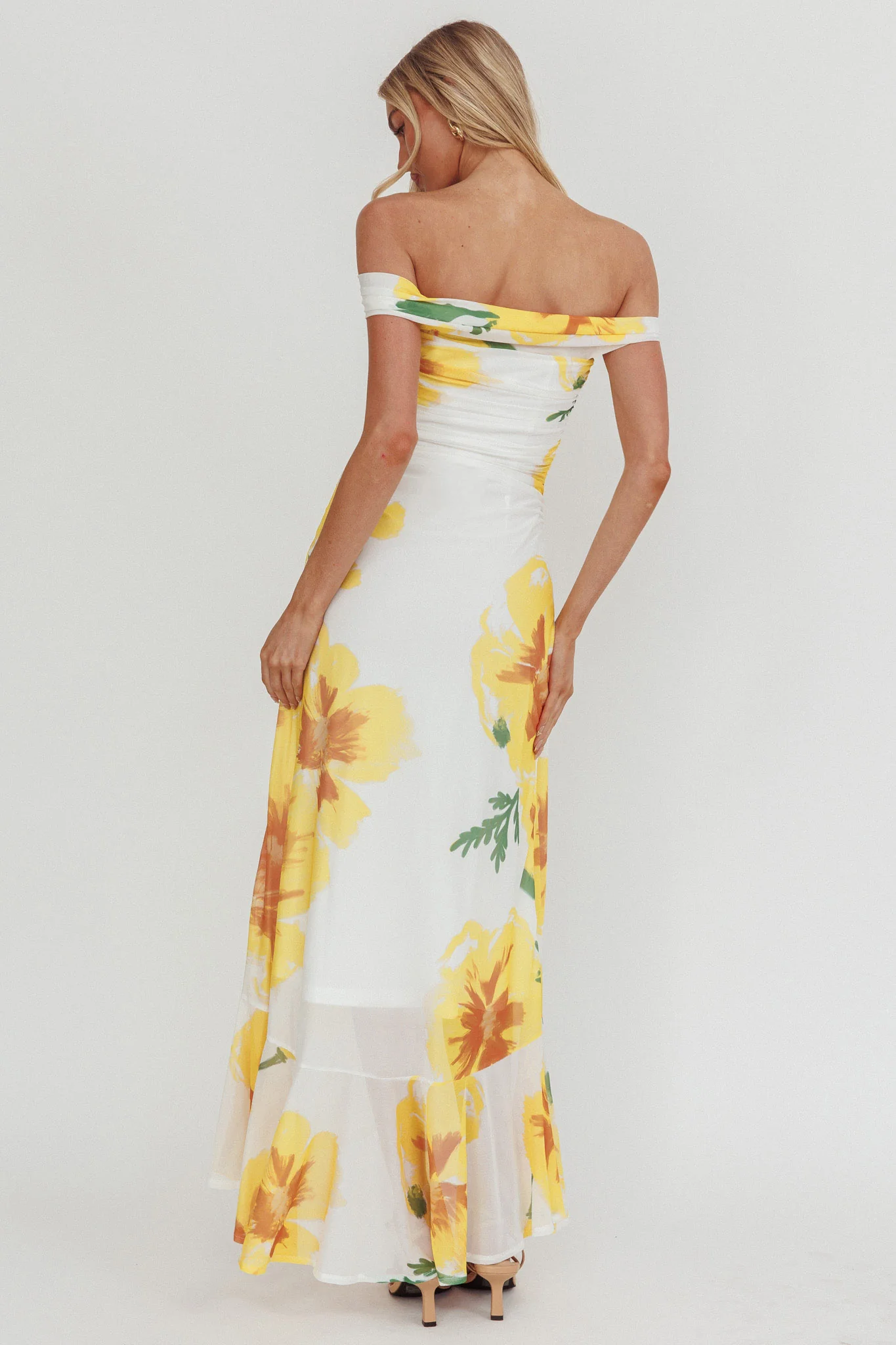Moonlit Magic Off-Shoulder Split Maxi Dress Flower Yellow - Image 2