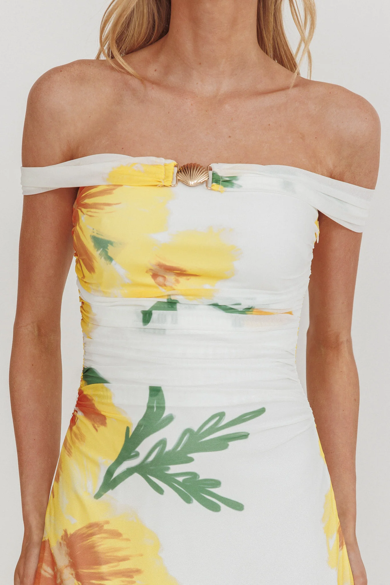 Moonlit Magic Off-Shoulder Split Maxi Dress Flower Yellow - Image 3