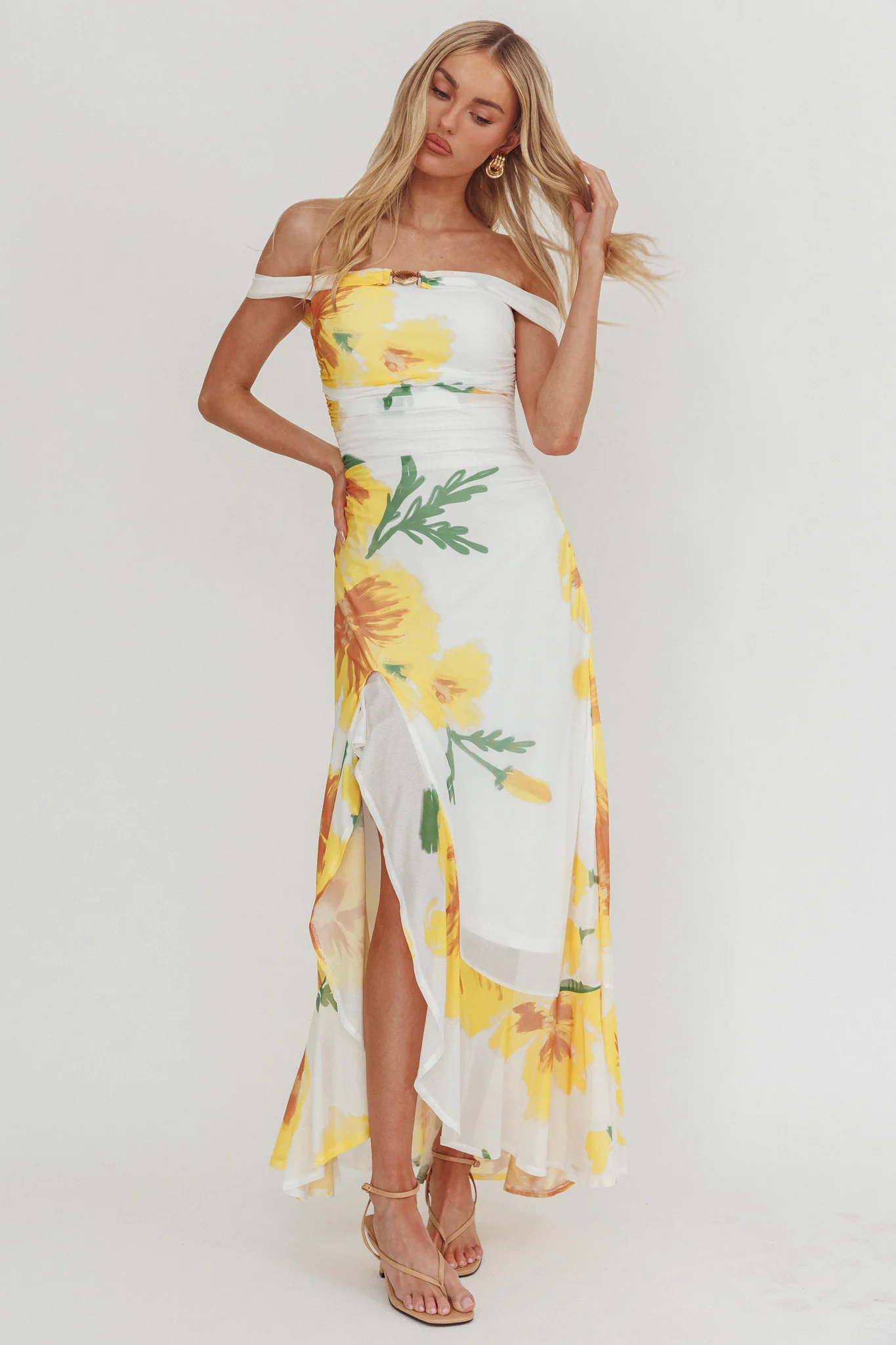 Moonlit Magic Off-Shoulder Split Maxi Dress Flower Yellow - Image 4