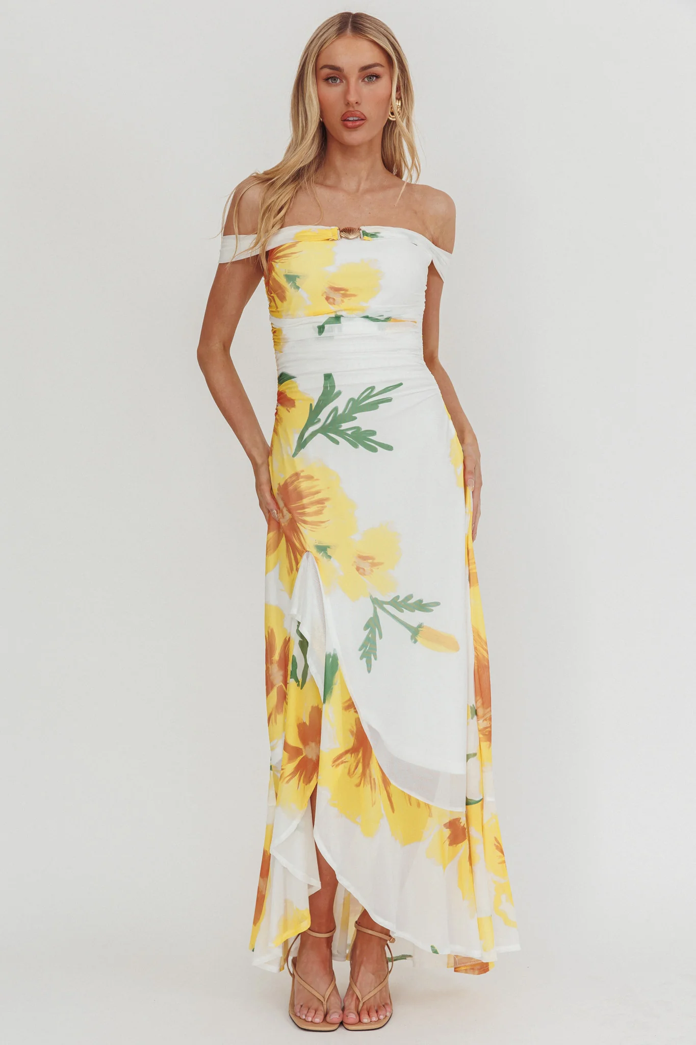 Moonlit Magic Off-Shoulder Split Maxi Dress Flower Yellow - Image 5