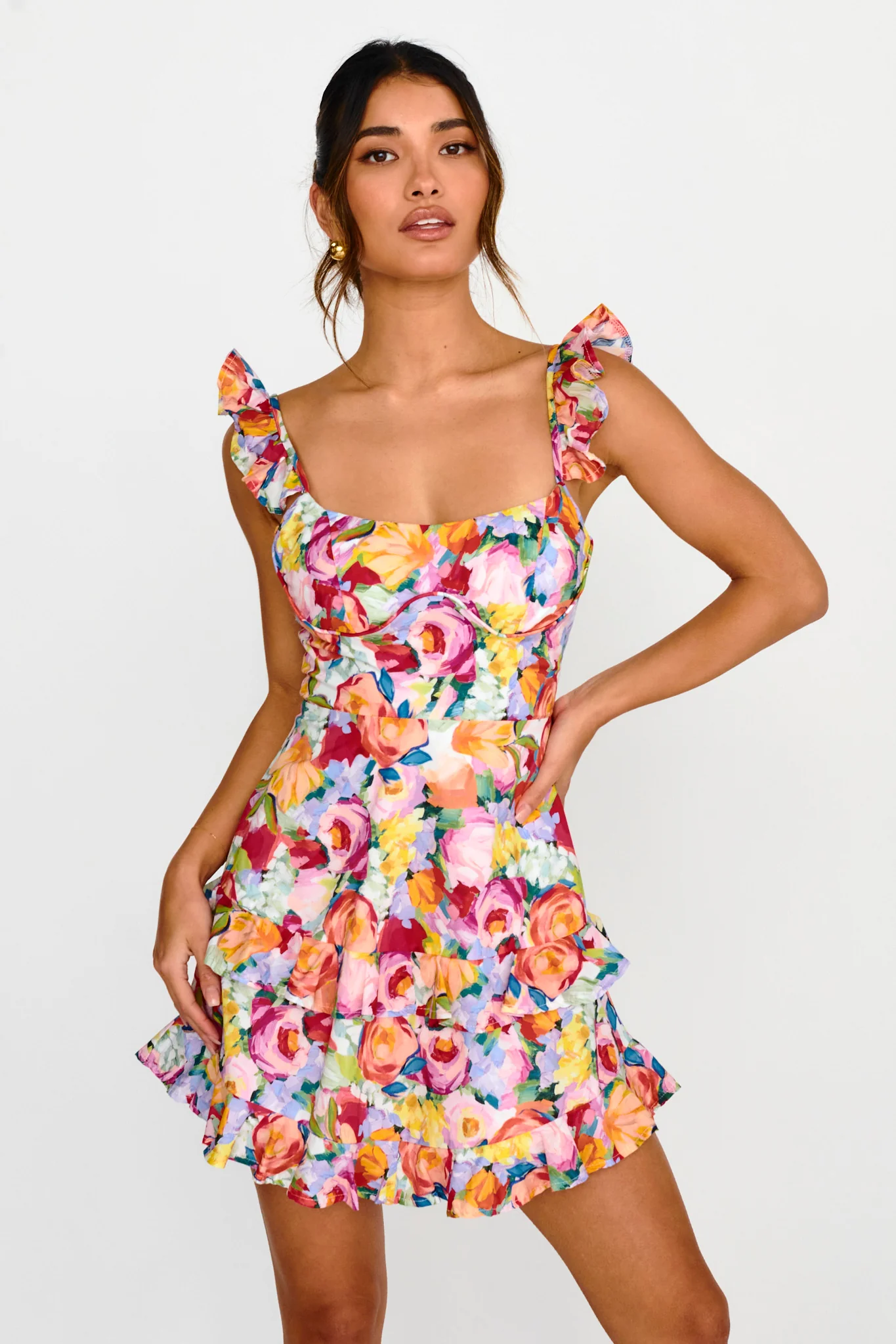 Moonlit Moment Ruffle Trim Lace-Up Back Dress Floral Red - Image 5