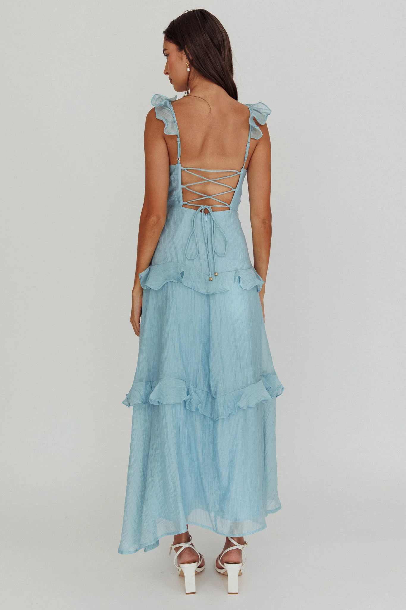 Moonlit Moment Ruffle Trim Lace-Up Back Maxi Dress Blue - Image 2