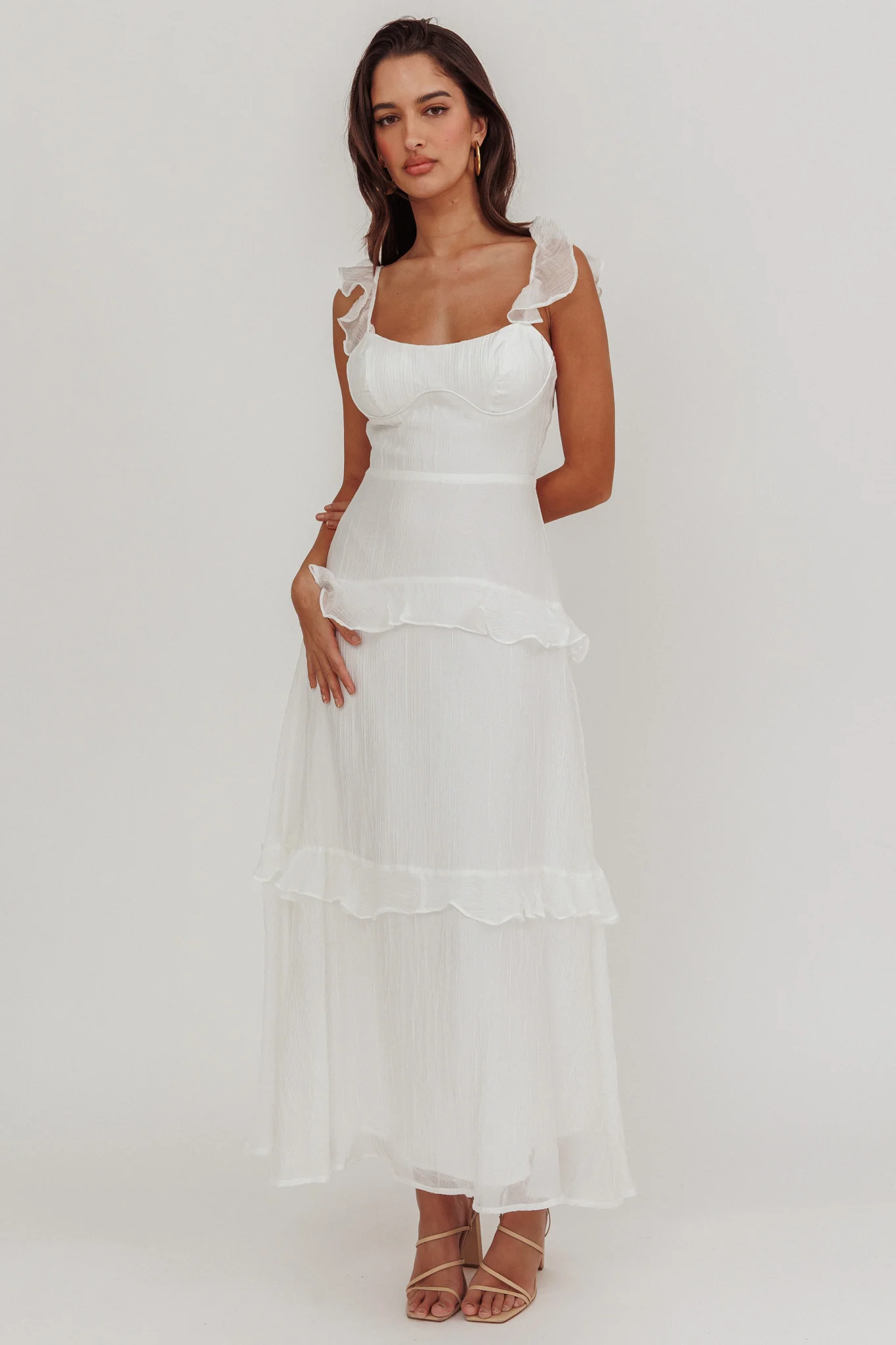 Moonlit Moment Ruffle Trim Lace-Up Back Maxi Dress White - Image 5