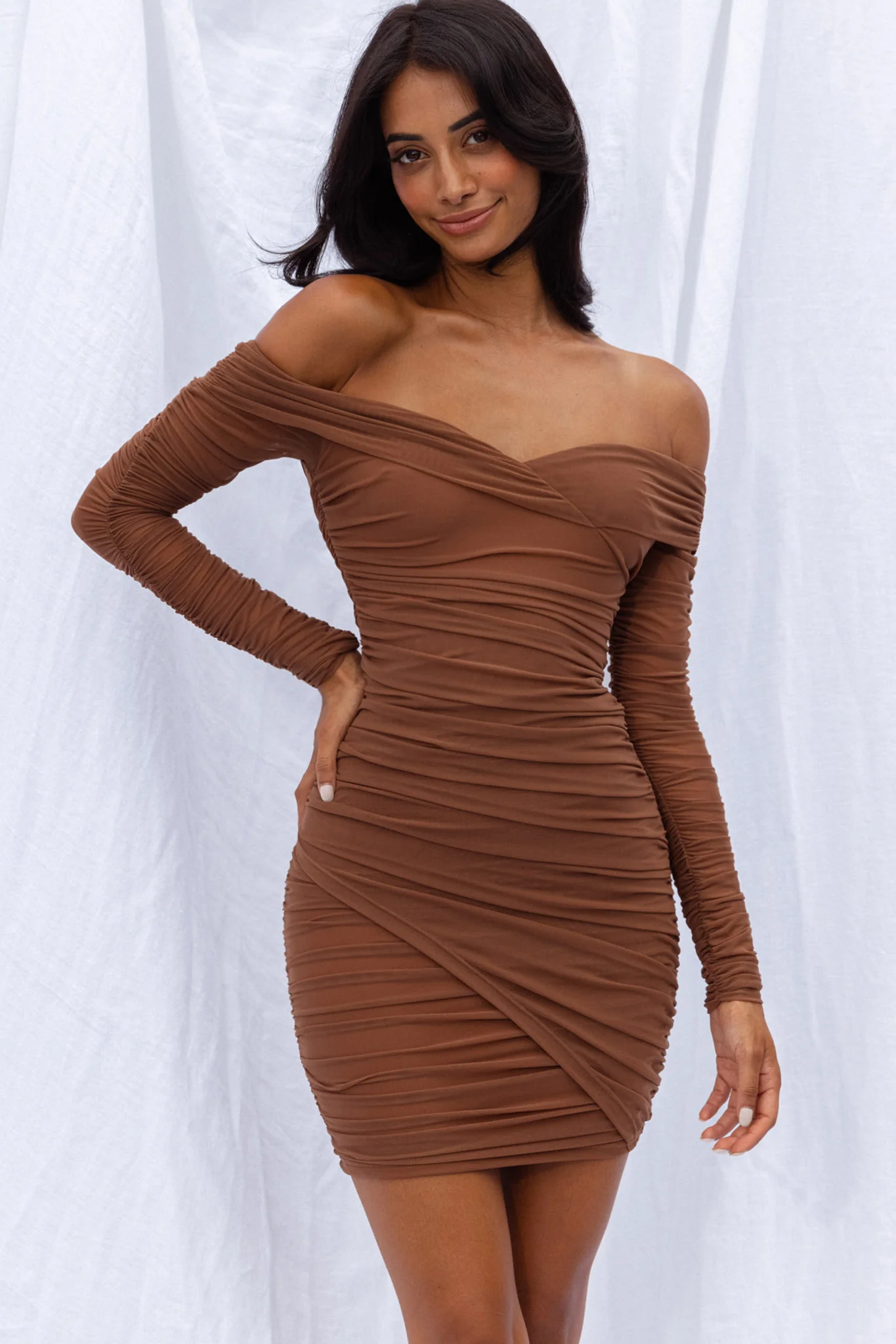 Moonrise Off-Shoulder Crossover Neckline Long Sleeve Ruched Dress Chocolate - Image 5