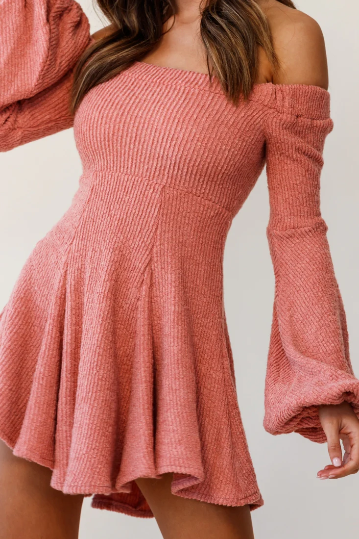 Morais Puff Sleeve Off Shoulder Fit and Flare Sweater Dress Rose - Image 3