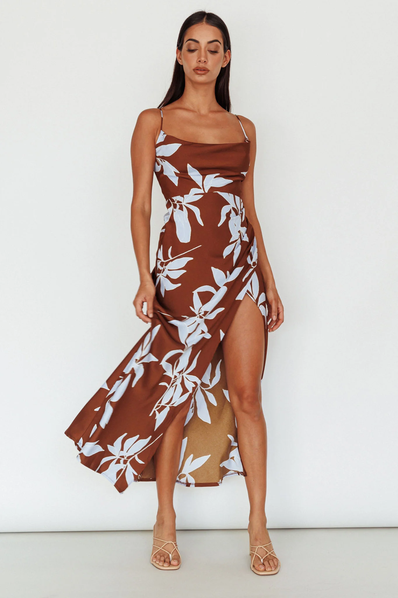 Morea Cowl Neck Maxi Dress Floral Brown - Image 3
