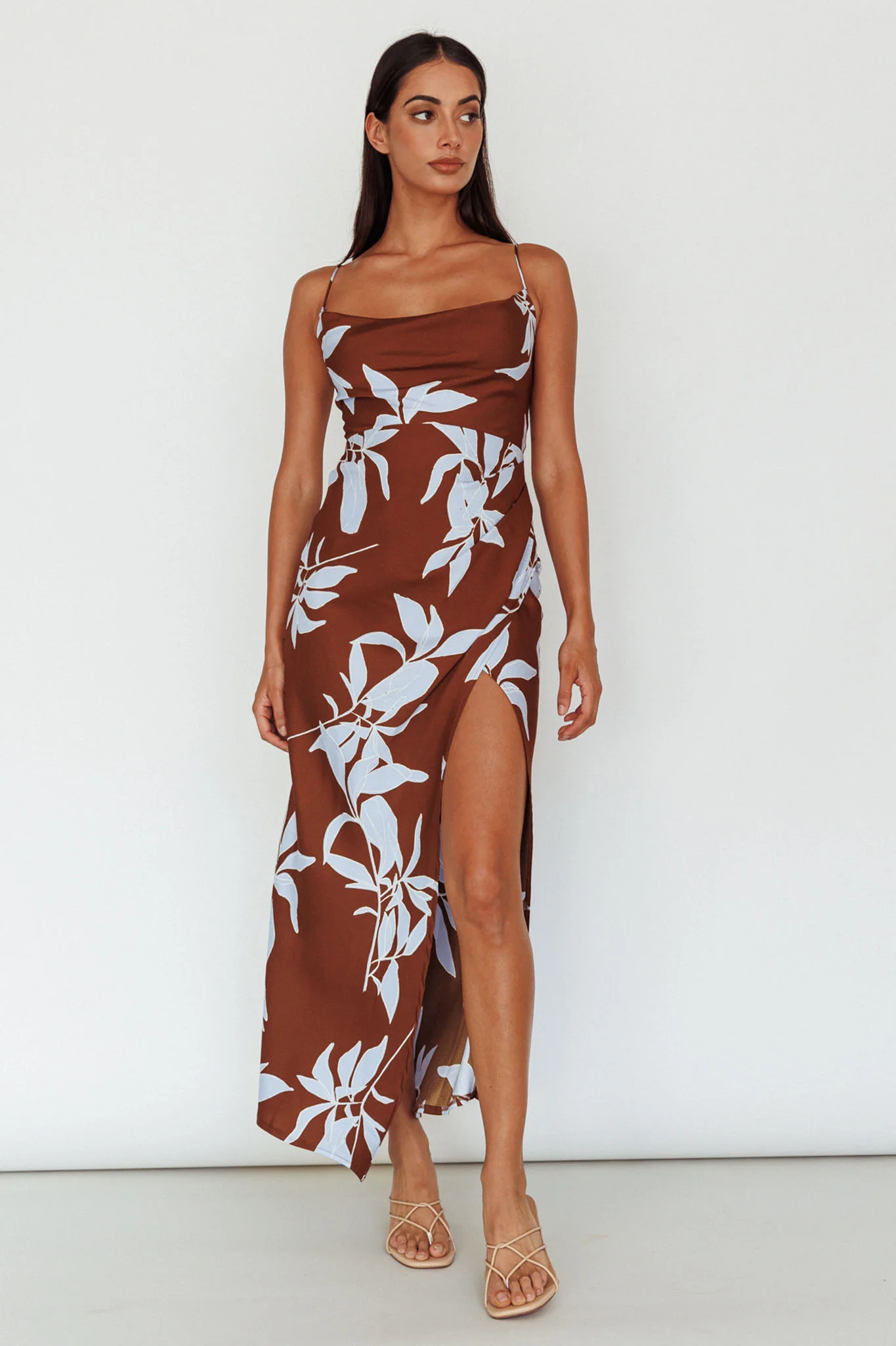 Morea Cowl Neck Maxi Dress Floral Brown - Image 6