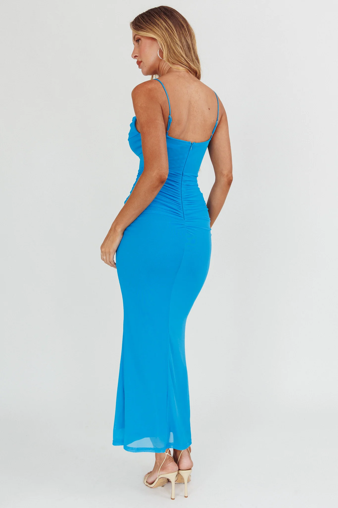 Morella Ruched Waist Mesh Maxi Dress Blue - Image 2
