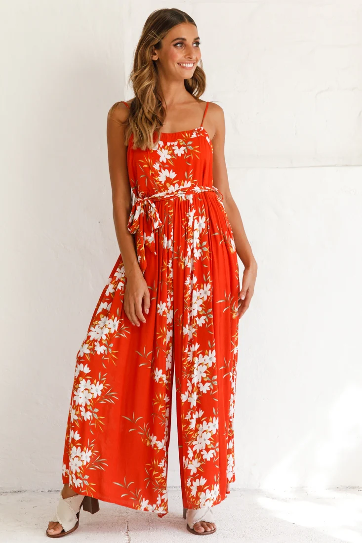 Morgan Square Neckline Wide-Leg Jumpsuit Floral Print Rust - Image 3