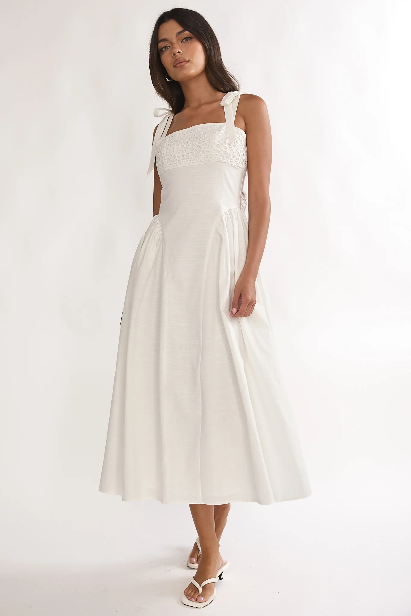 Morgana Tied Shoulder Applique Midi Dress Off White - Image 5