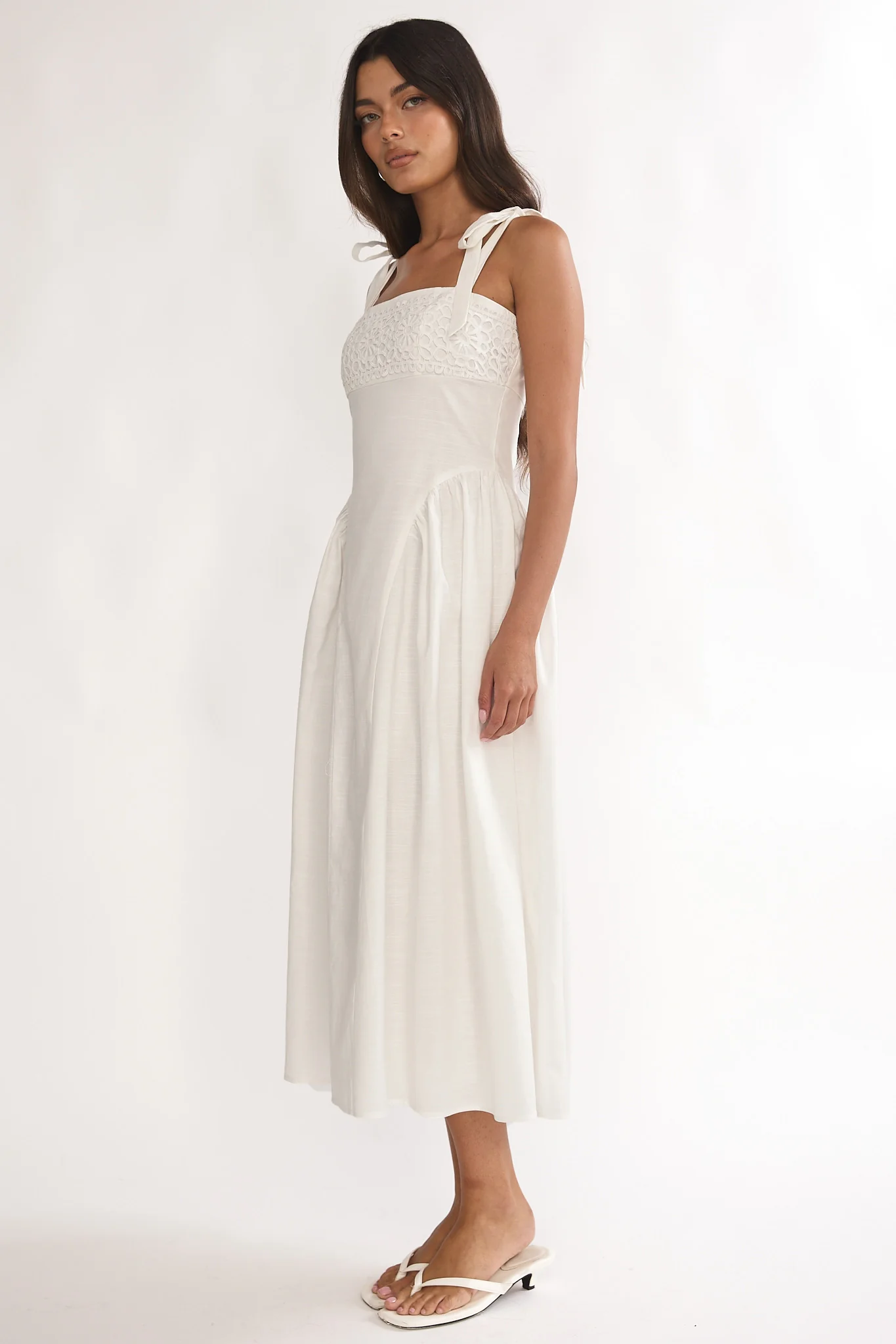 Morgana Tied Shoulder Applique Midi Dress Off White - Image 6