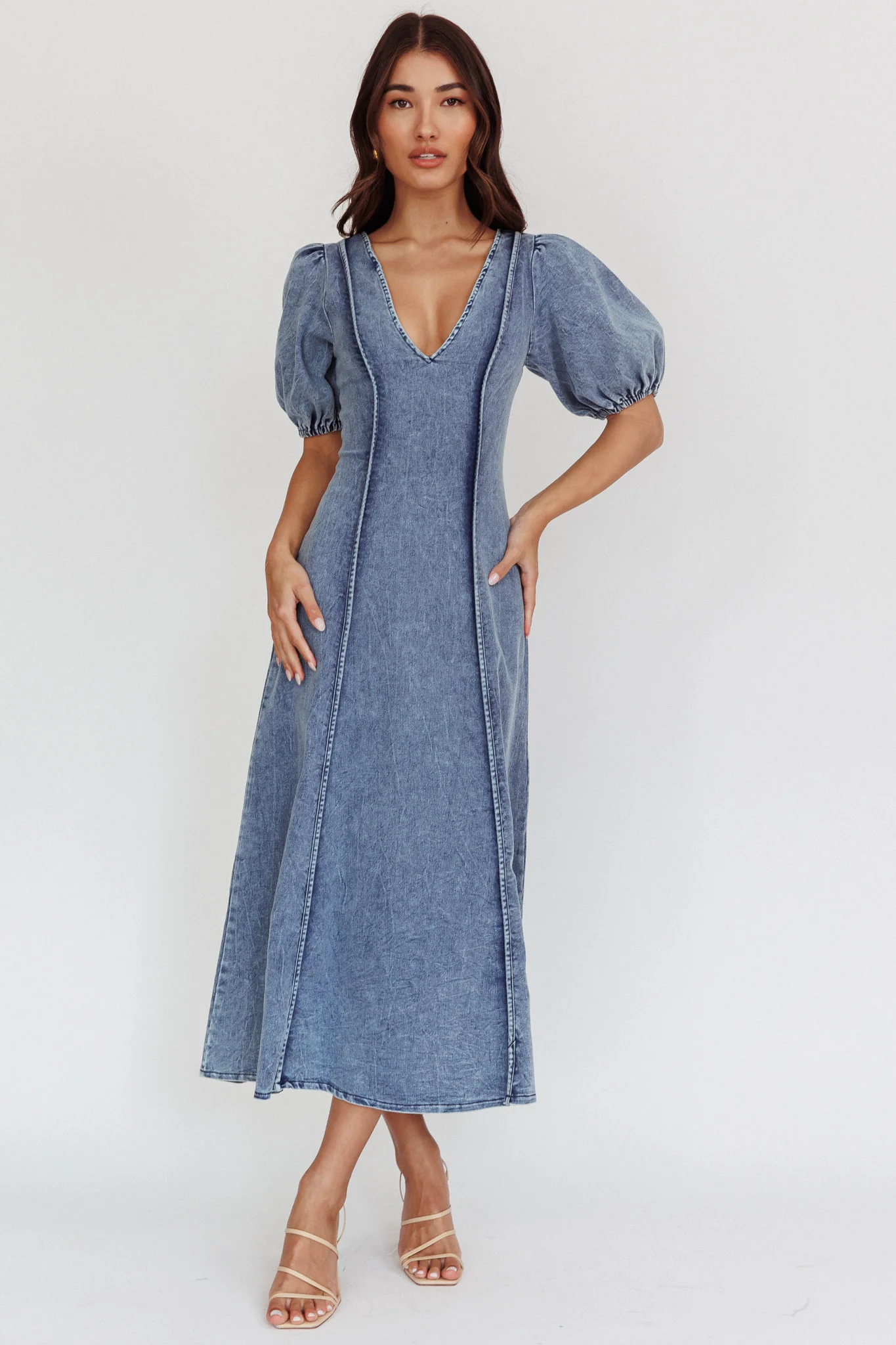 Morgane Puff Sleeve V-Neck Midi Dress Light Denim Blue - Image 6