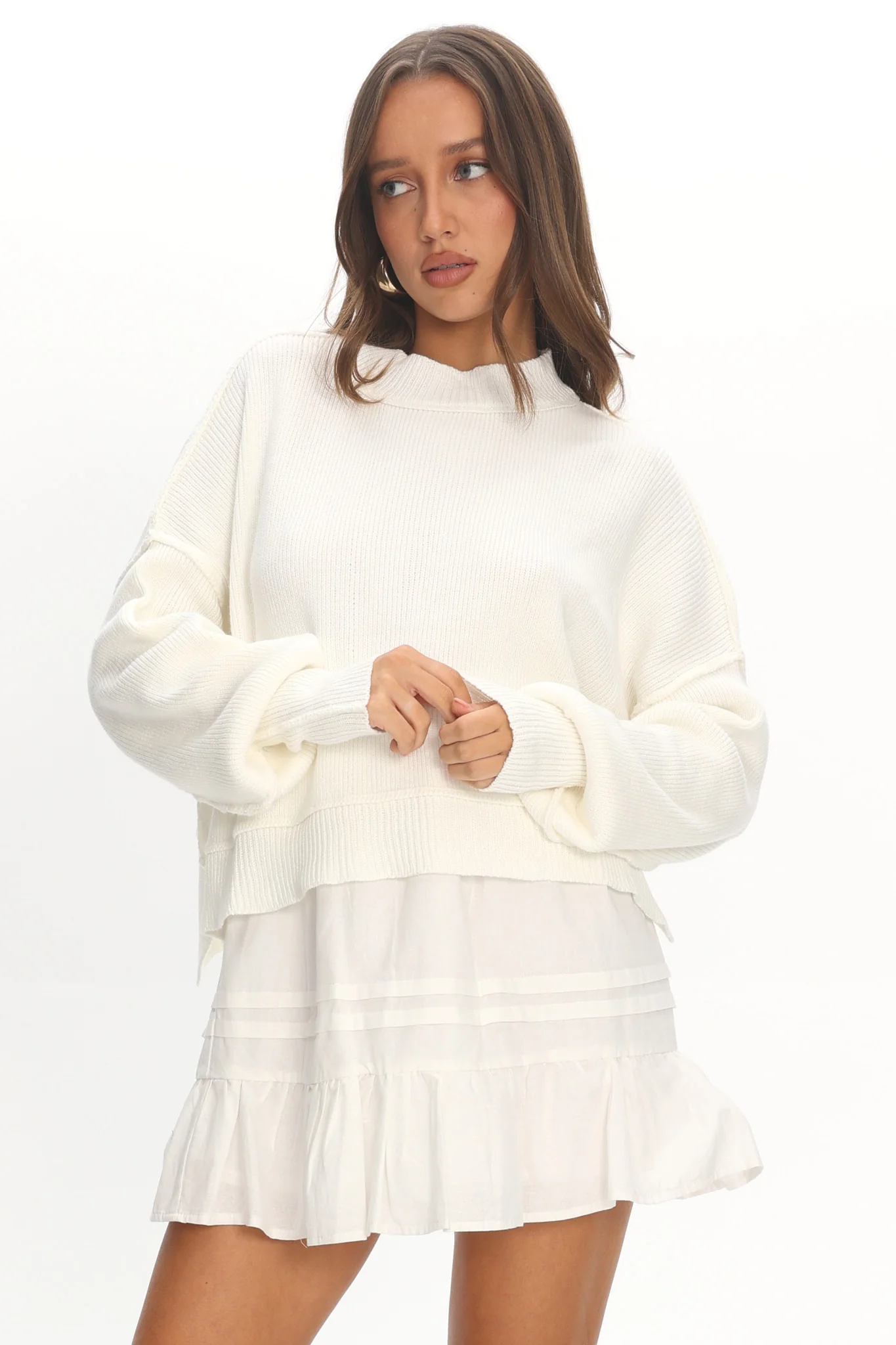 Morning Frost Crop Ribbed Knit Sweater White