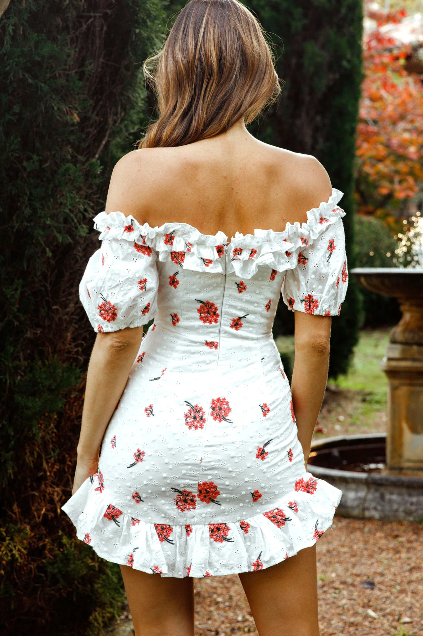 Morning Song Off-Shoulder Frill Trim Embroidery Dress Floral Print Red - Image 2