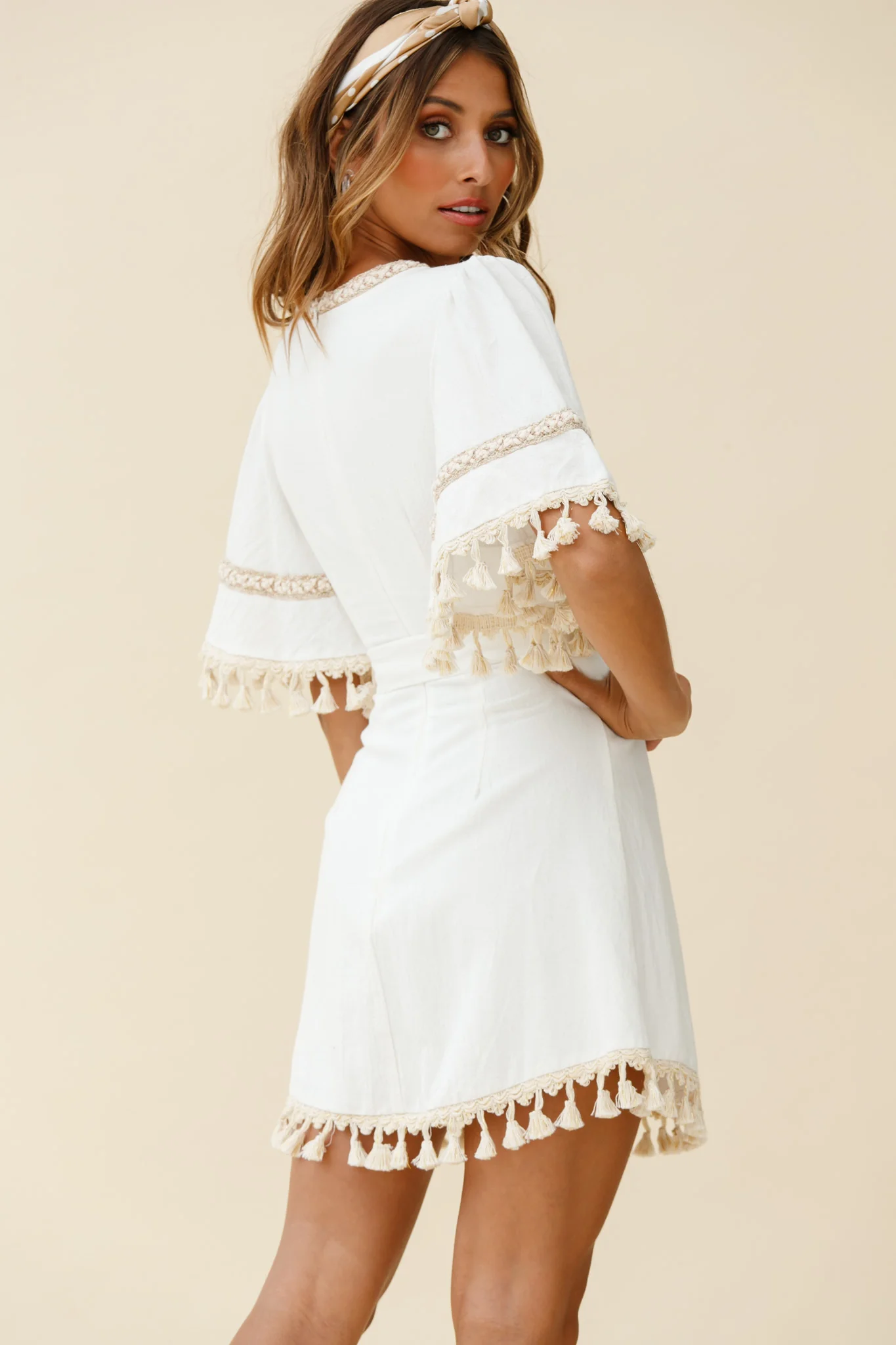 Morocco Faux Wrap Tassel Trim Dress White - Image 3