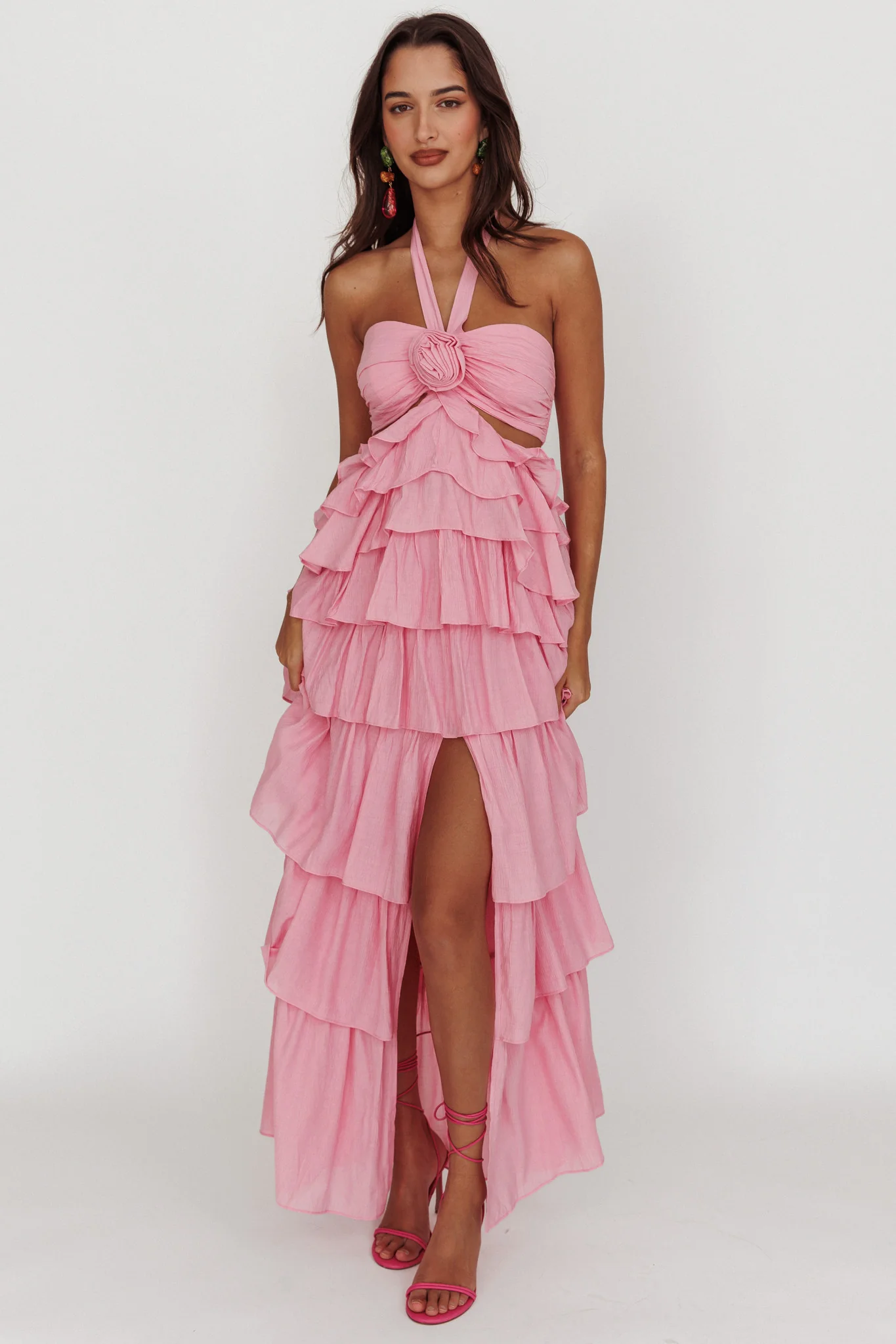 Morpheus Ruffle Halterneck Maxi Dress Pink - Image 3