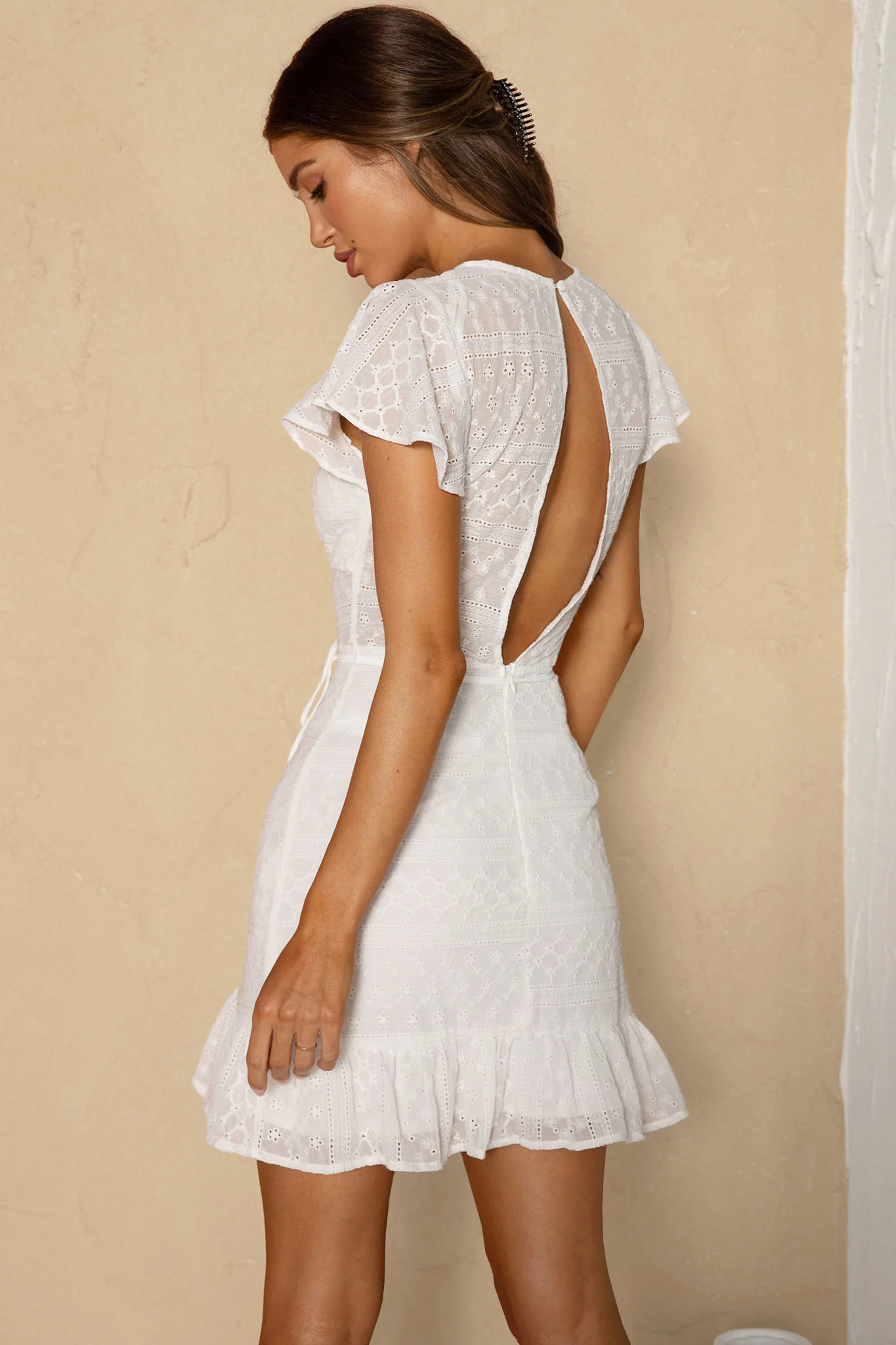 Moving On Flutter Sleeve String Tie Waist Eyelet Mini Dress White - Image 3