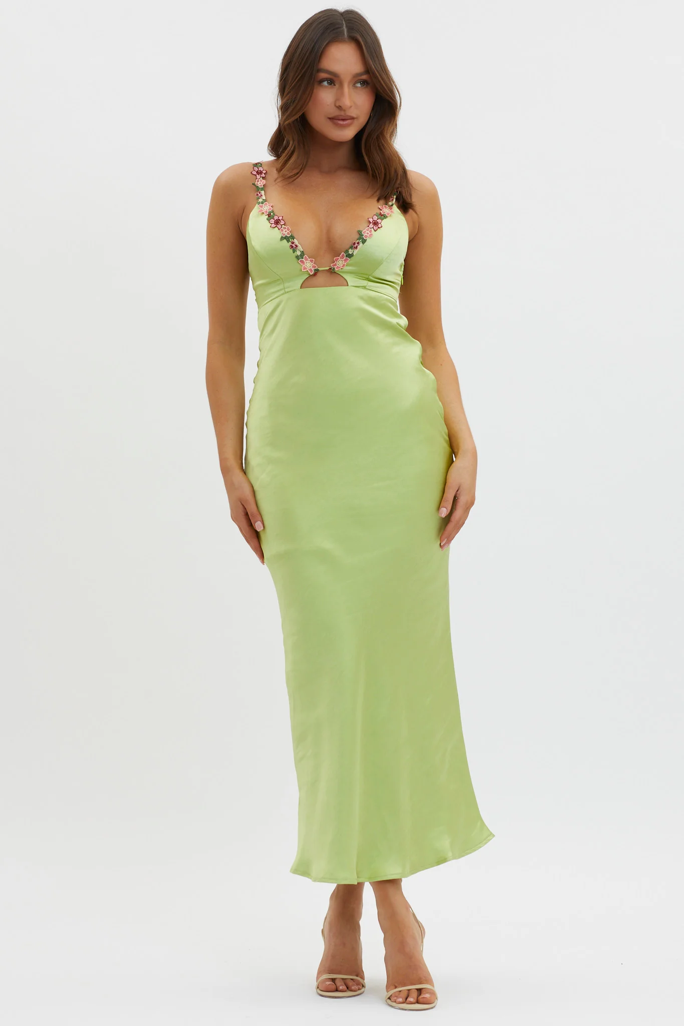 Muse Cut-Out Floral Trim Midi Dress Matcha - Image 5