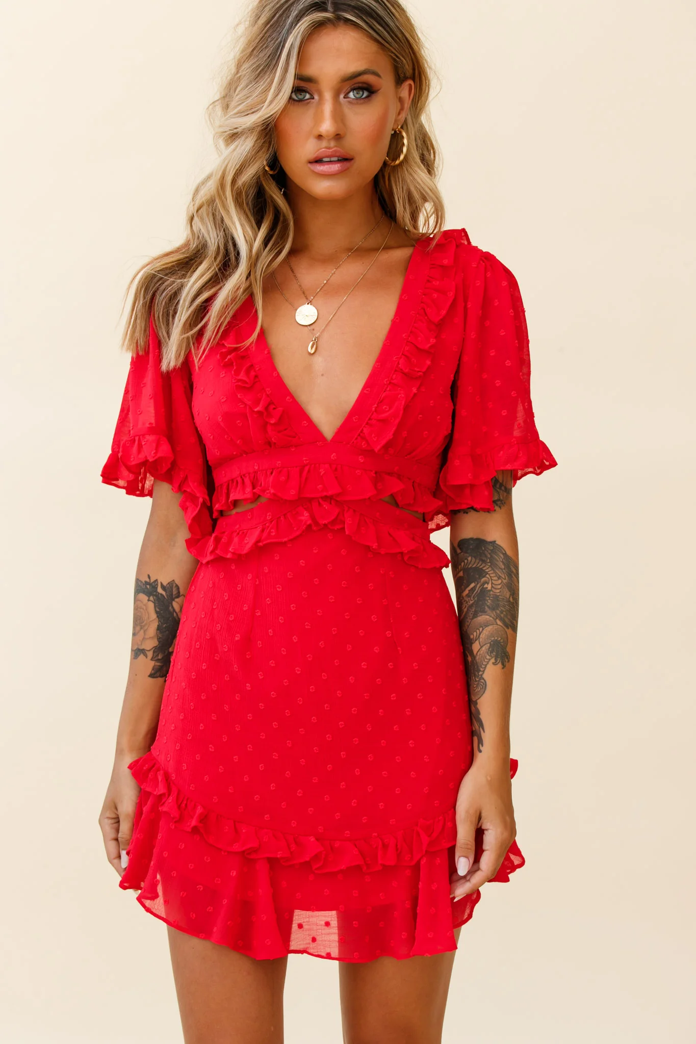 My Belle Cut-Out Detail Frill Accent Dress Red - Image 6