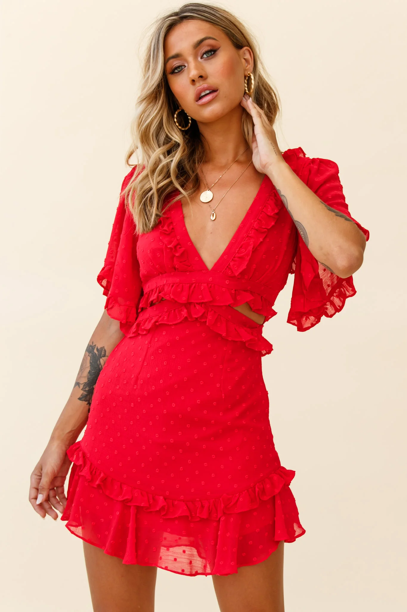 My Belle Cut-Out Detail Frill Accent Dress Red - Image 7