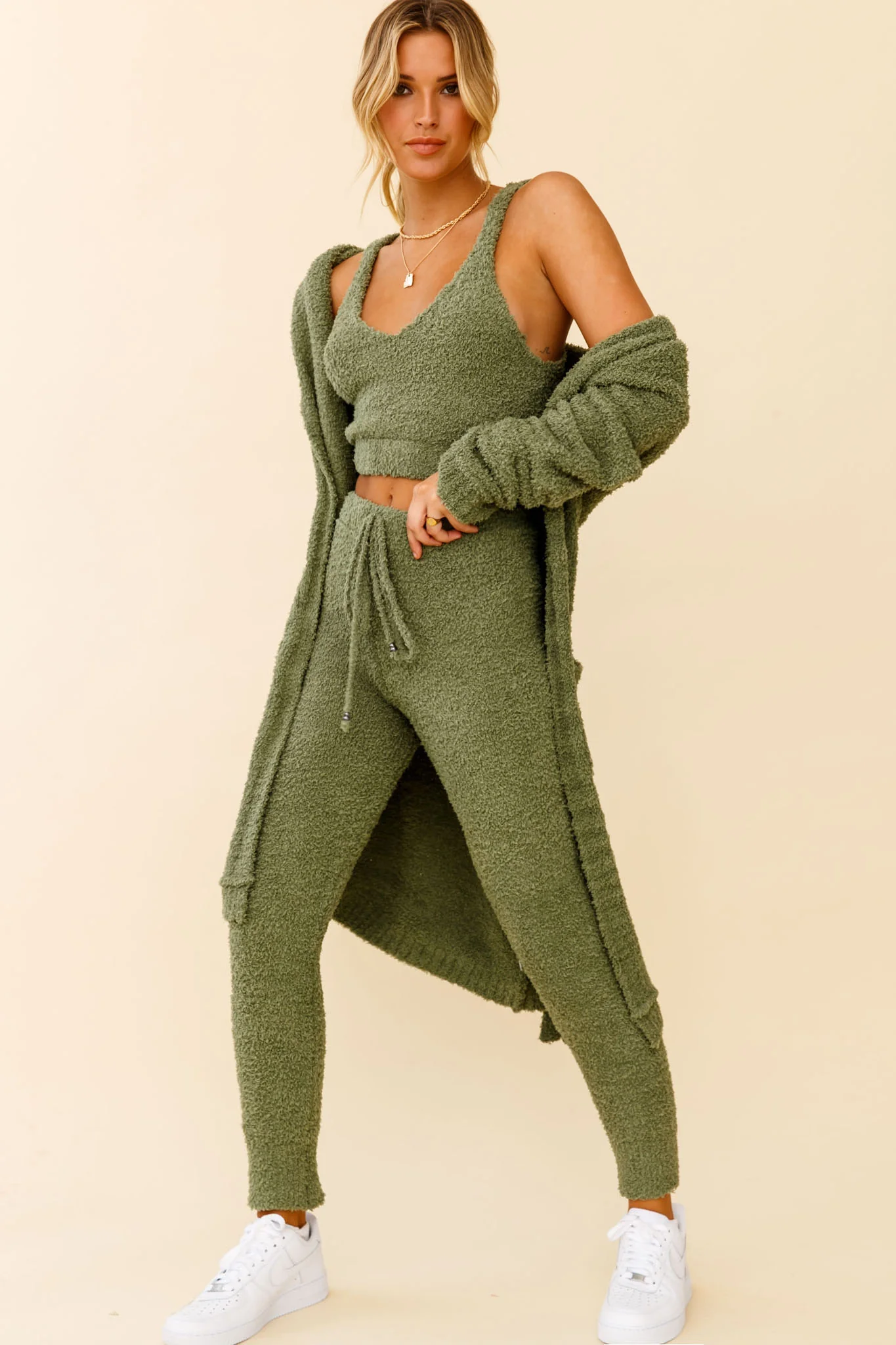 My Girl Fuzzy Knit Longline Pocket Cardigan Sage - Image 2