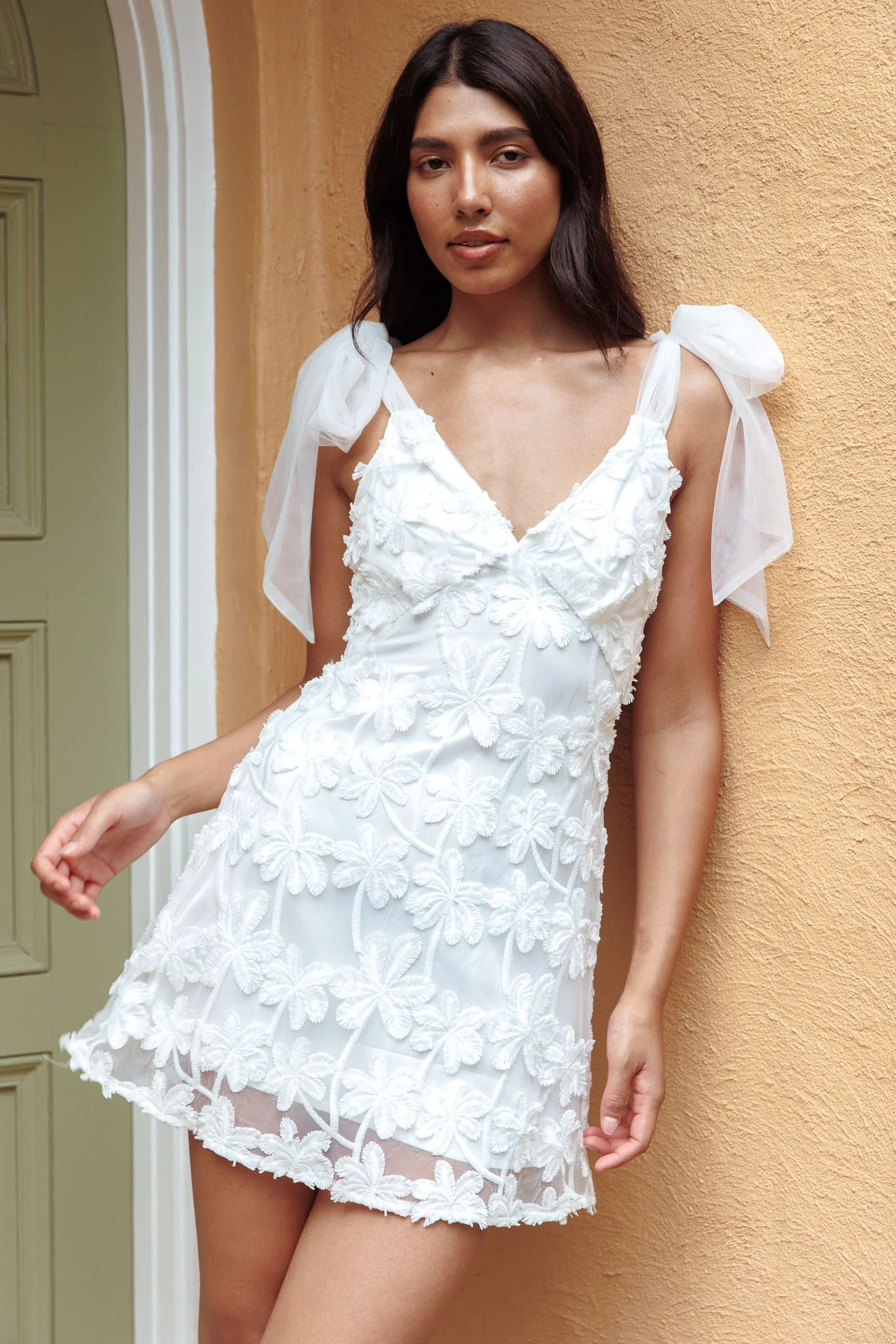 Mykonos Morning Tied Shoulder Embellished Mini Dress White - Image 3
